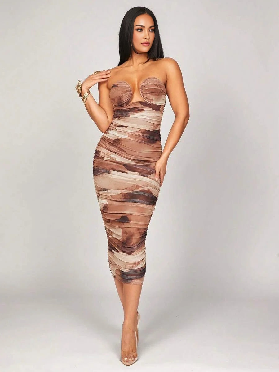 Brown Marble Tie Dye Print Fitted Stretchy Strapless Dress With Underwired Arched Bust SpringSummer