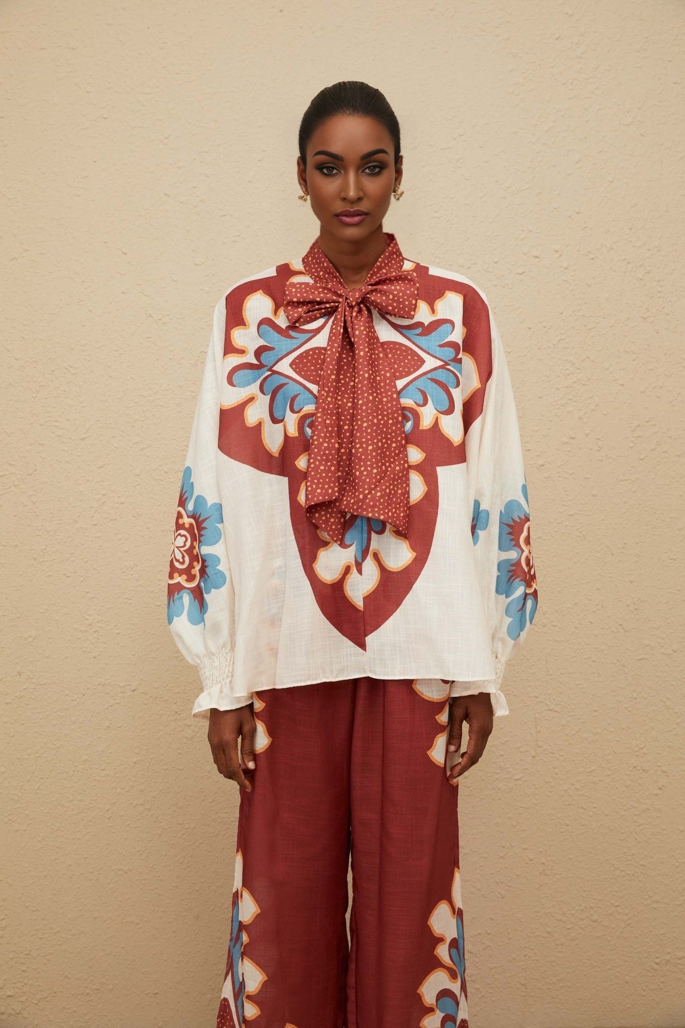 Brown and Multicolor Hemp Blouse with Bow-Tied Neck and Graphic Print