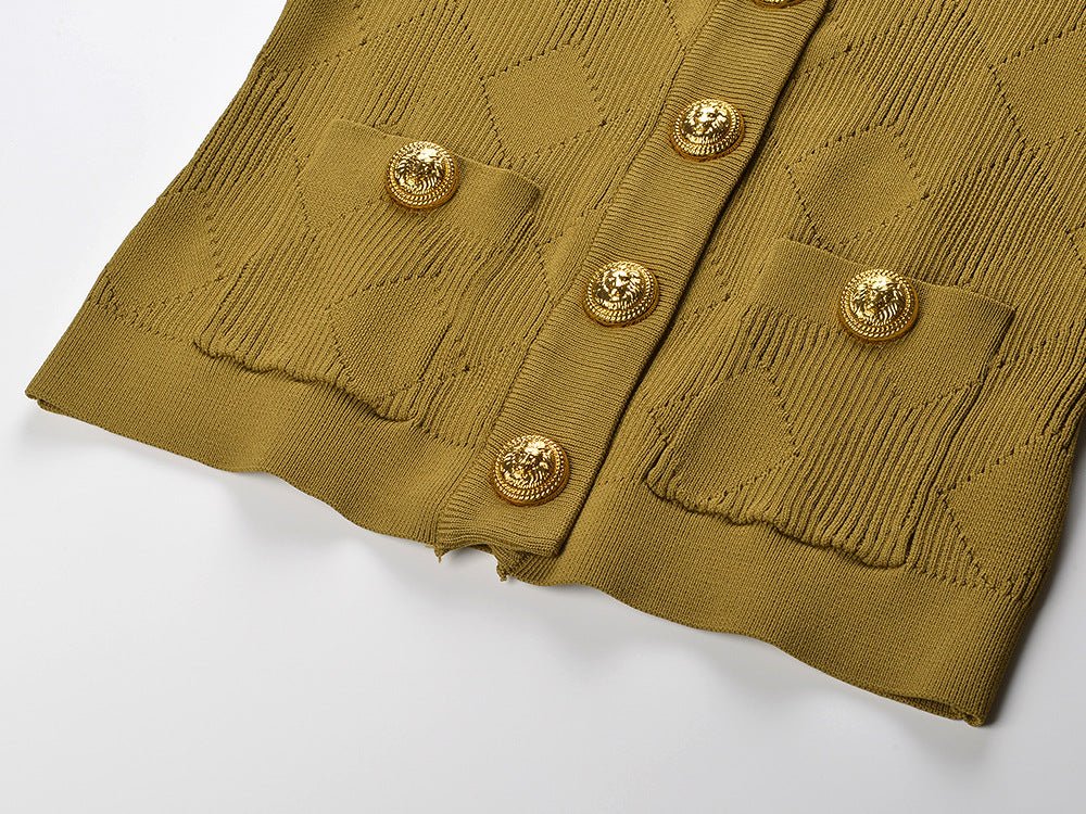 Brown ribbed diamond pattern cardigan with gold button embellishments