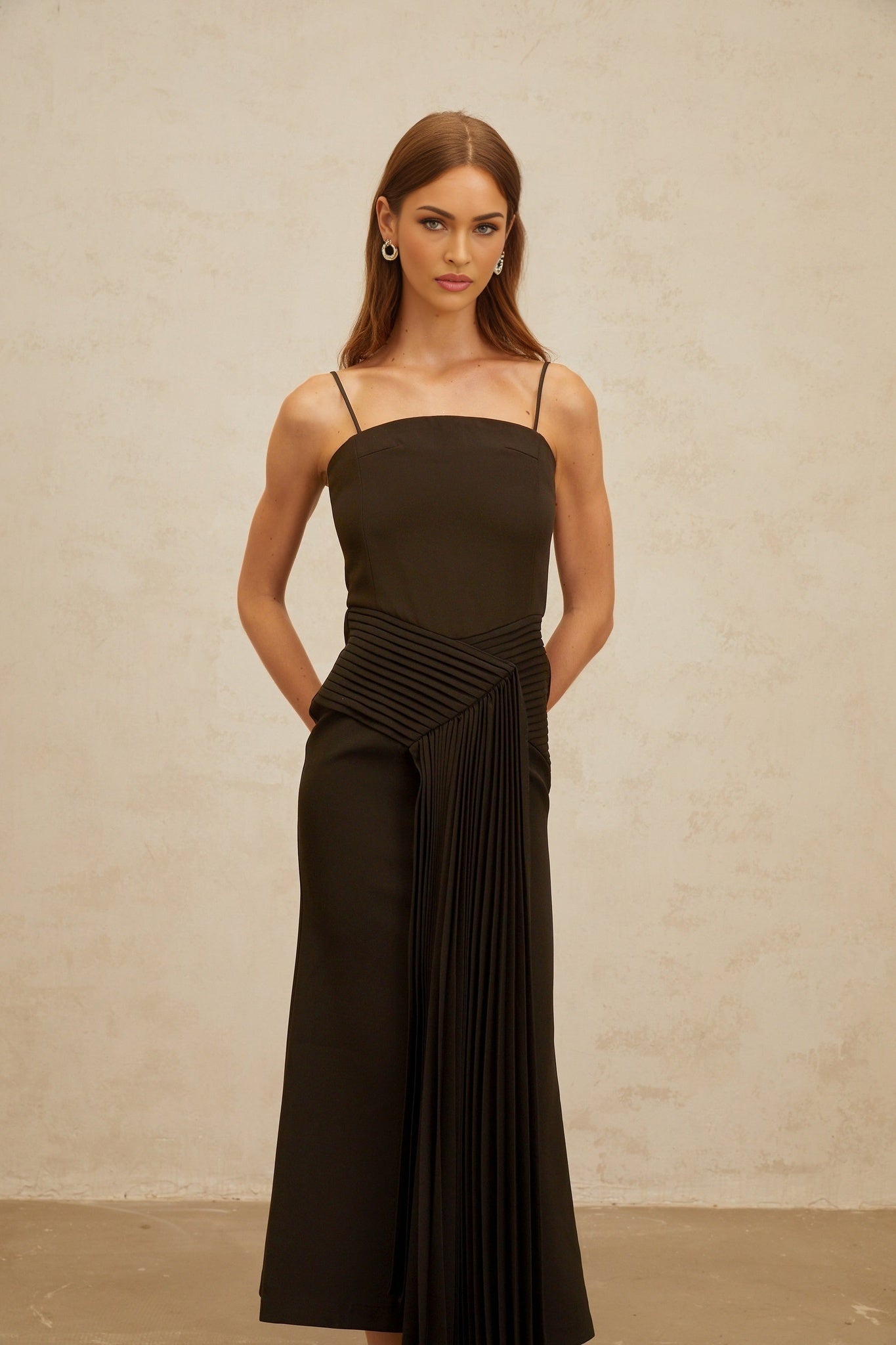 Brown Sleeveless Square Neck Midi Dress with Ribbon Design and Pleated Detailing