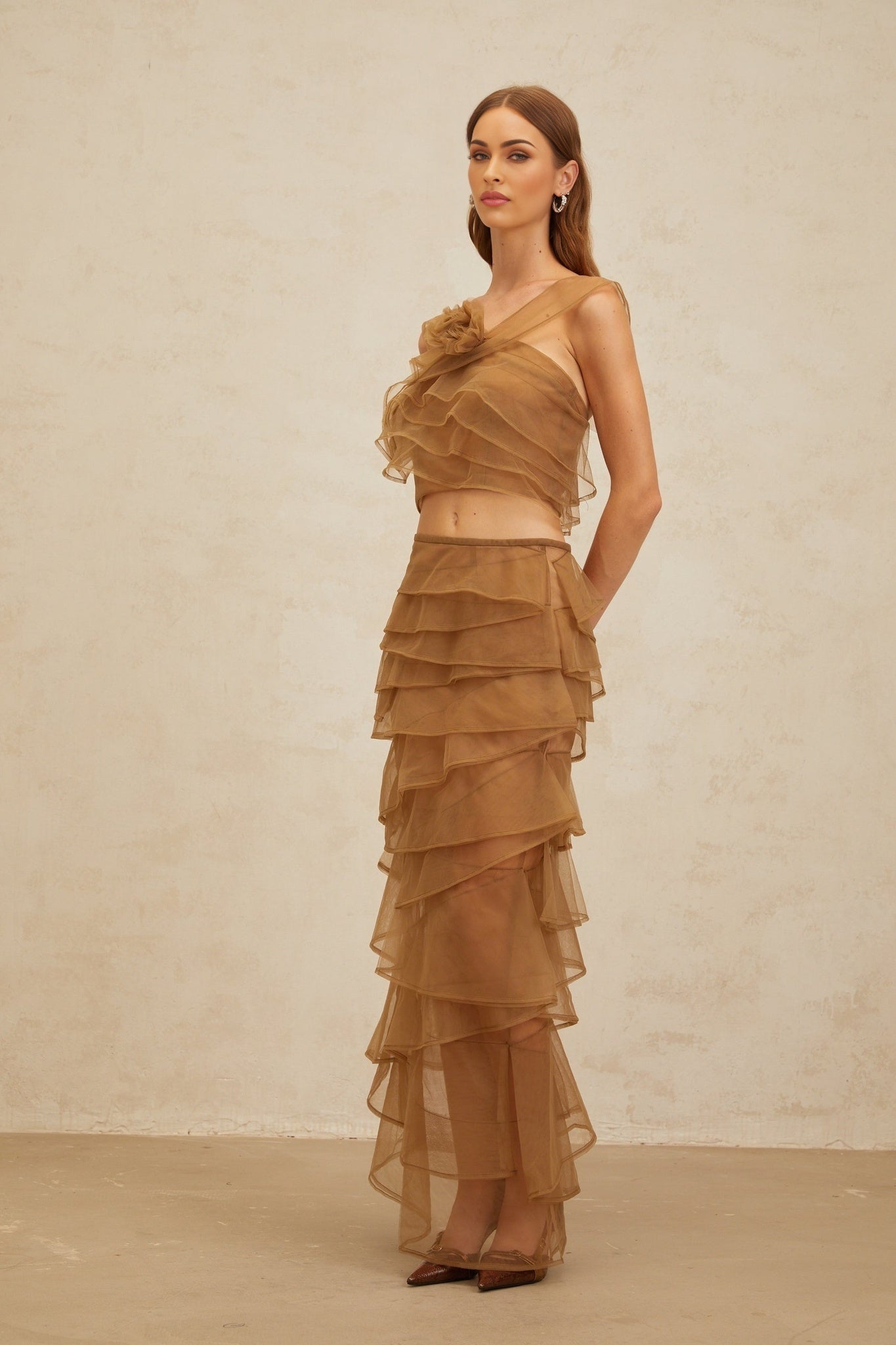 Brown Sleeveless Tulle Layered Crop Top with 3D-Petal Detailing