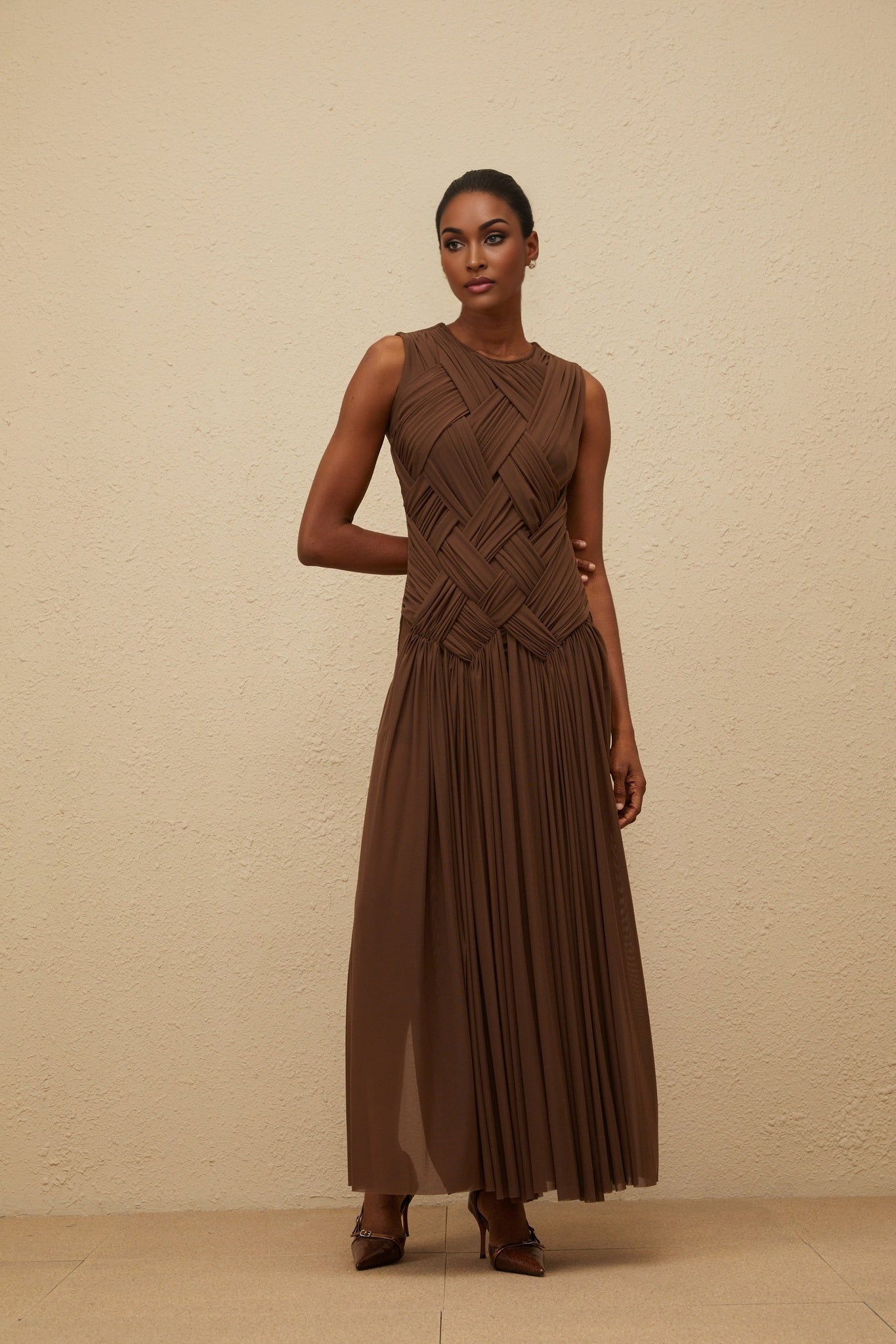 Brown Sleeveless Tulle Maxi Dress with Braid Detailing and Front Slit