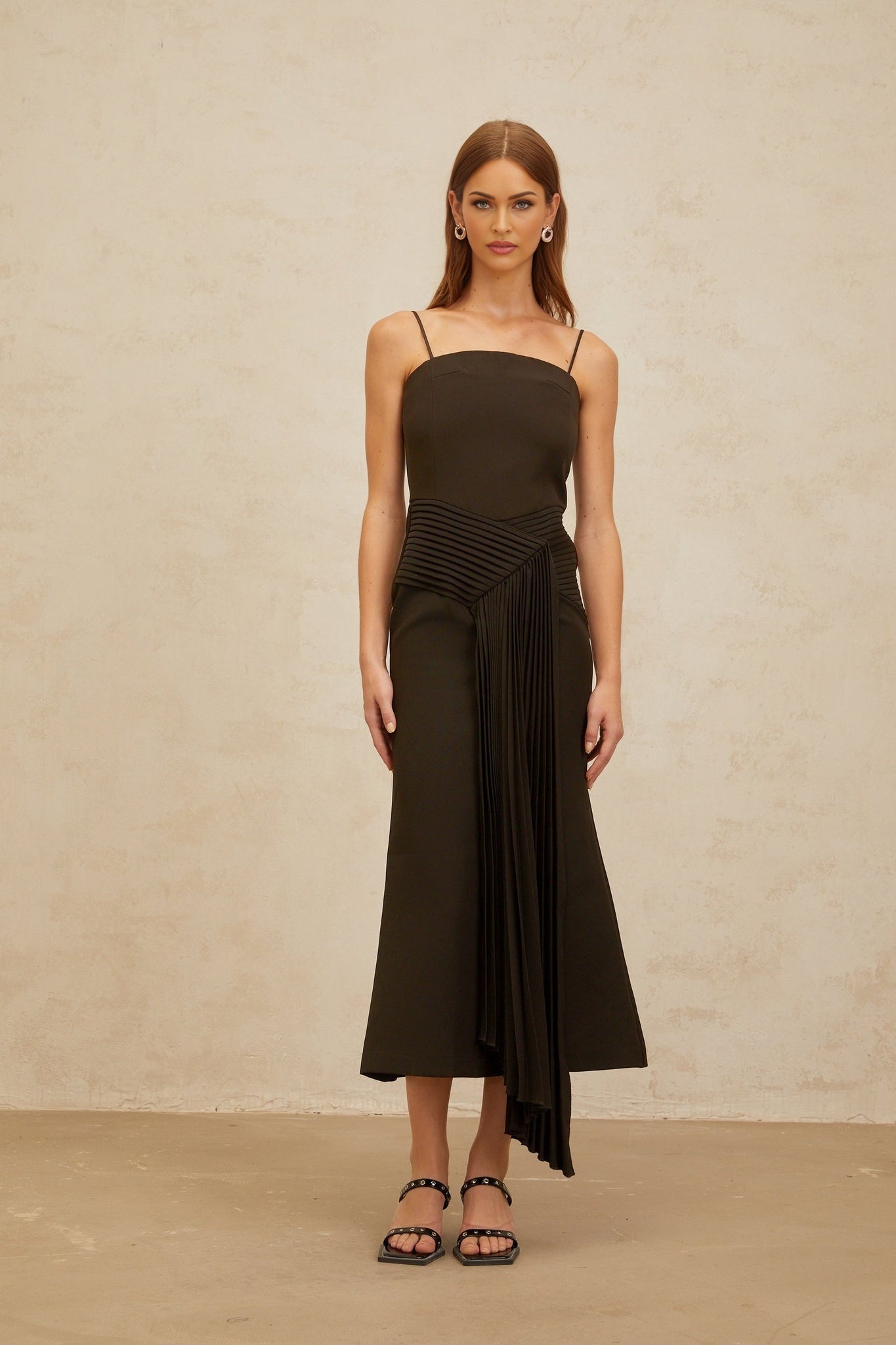Brown square neck sleeveless midi dress with spaghetti straps and ribbon design