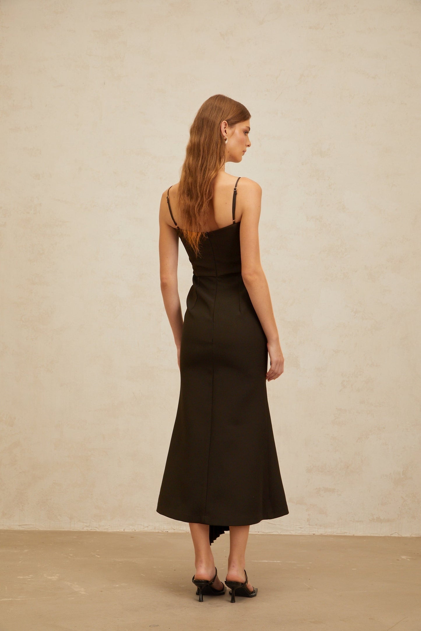 Brown Square Neck Sleeveless Midi Dress with Ribbon Design and Pleated Detailing