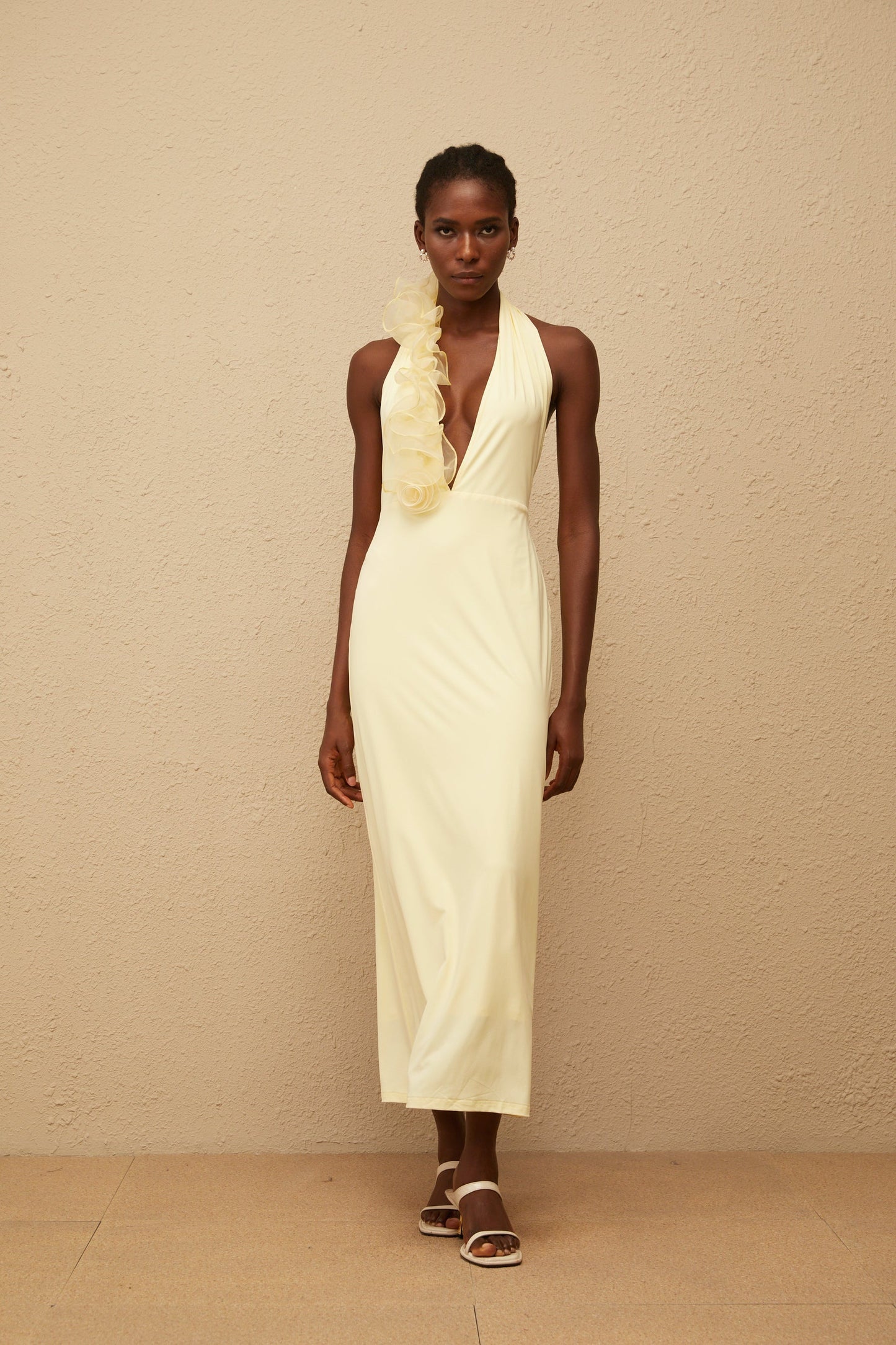 Brume Yellow Halterneck 3D Petal Maxi Dress