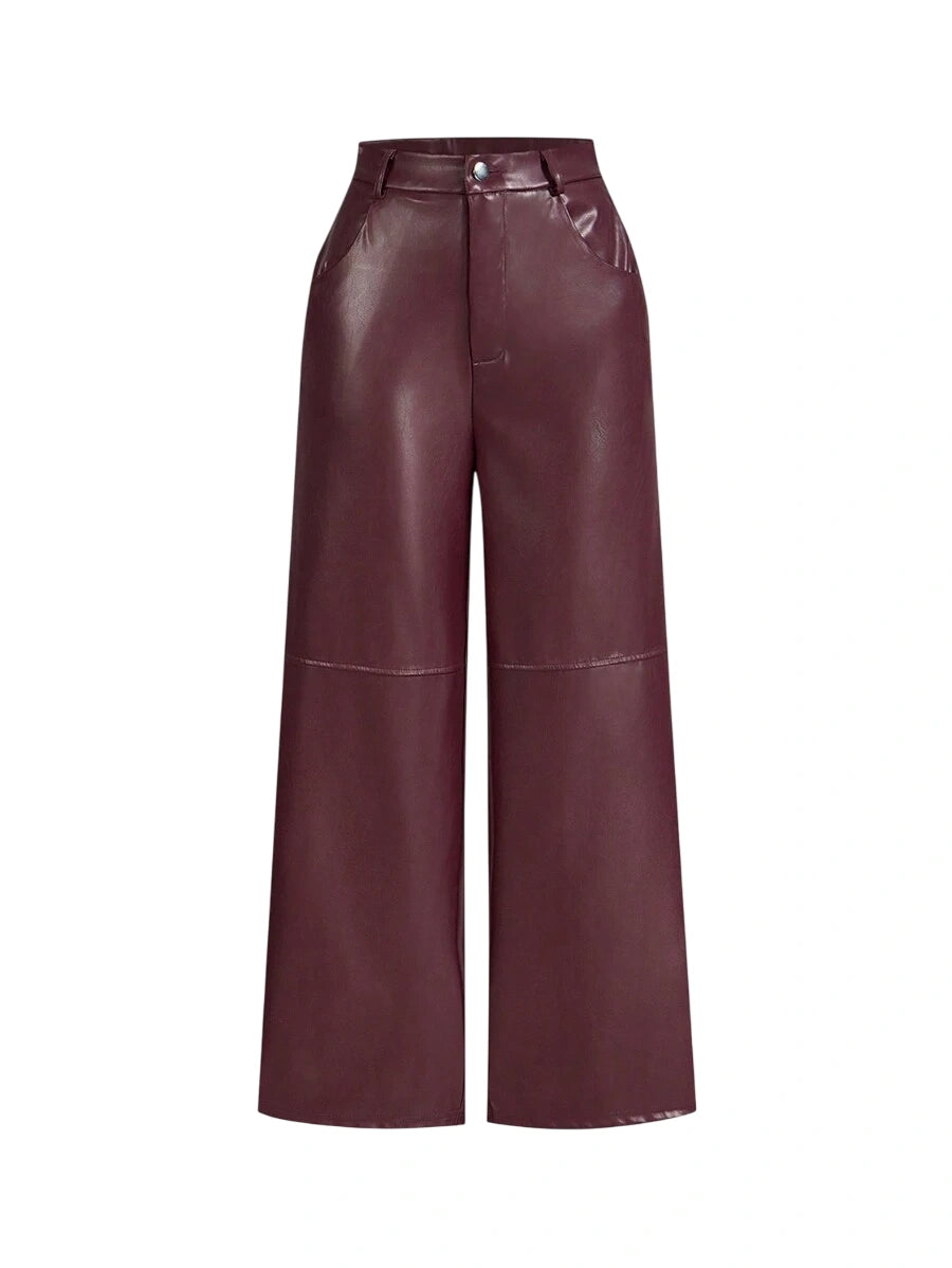 Burgundy Date Night Solid PU Leather Straight Leg Pants