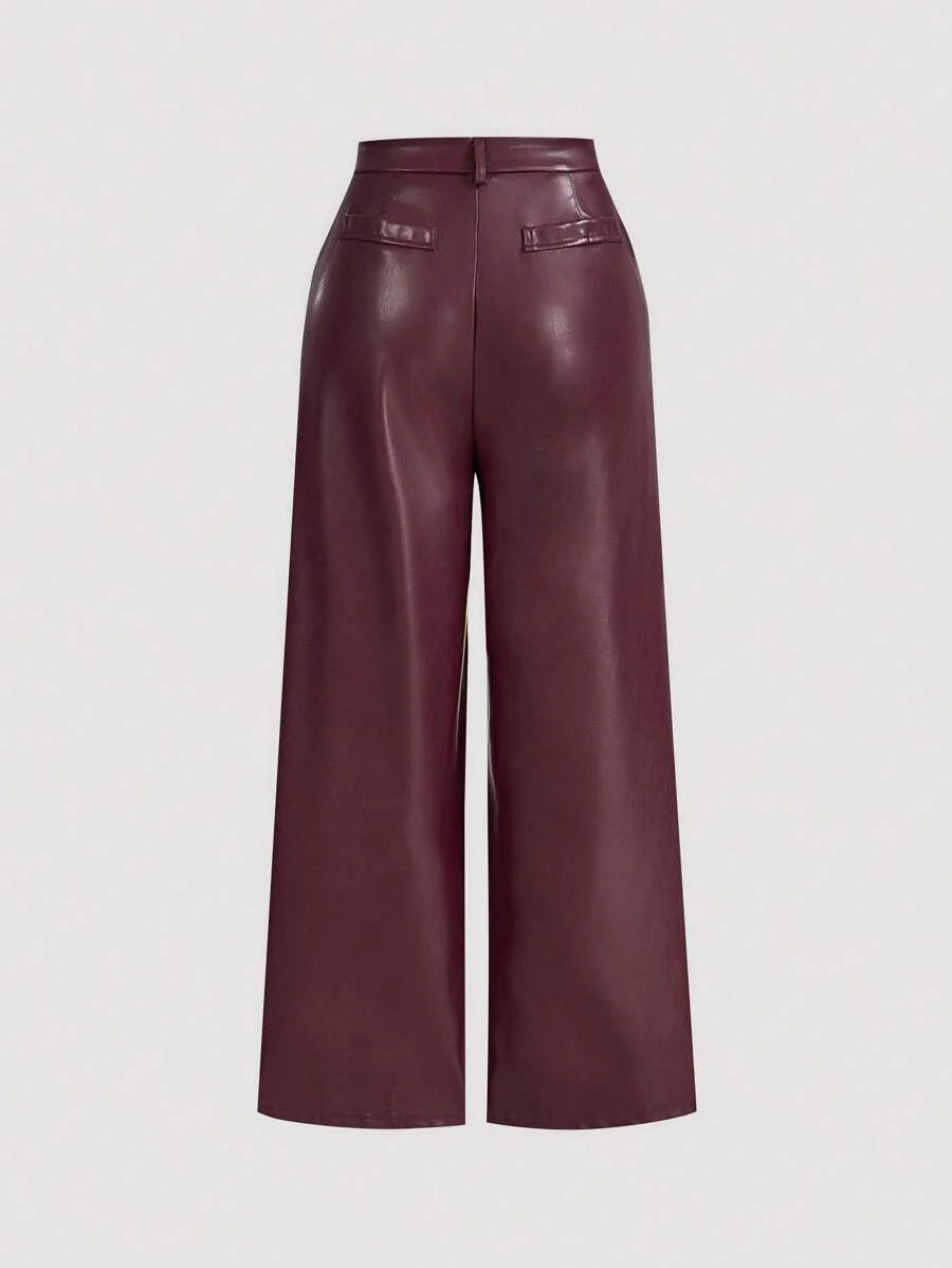 Burgundy Date Night Solid PU Leather Straight Leg Pants