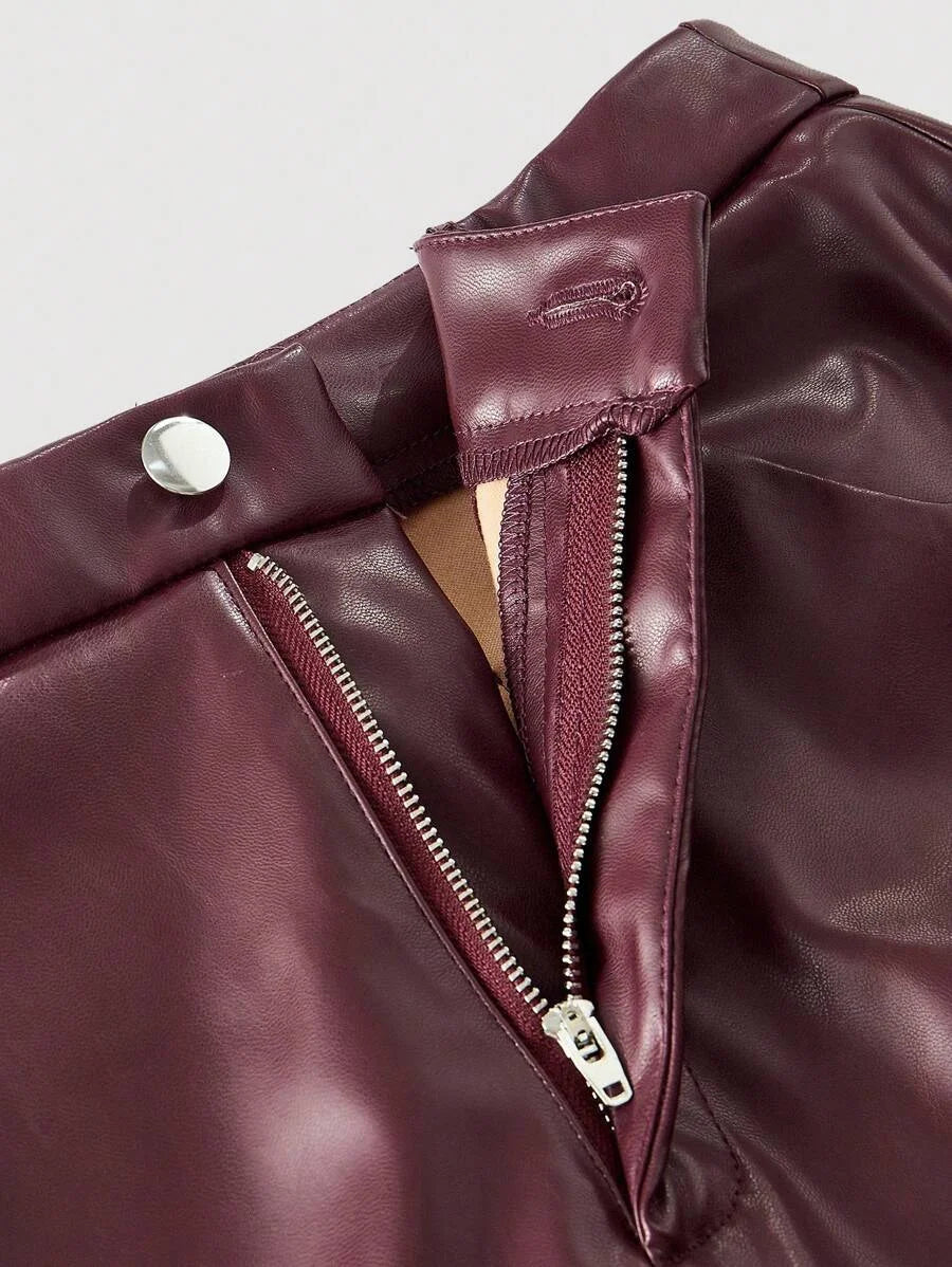 Burgundy Date Night Solid PU Leather Straight Leg Pants