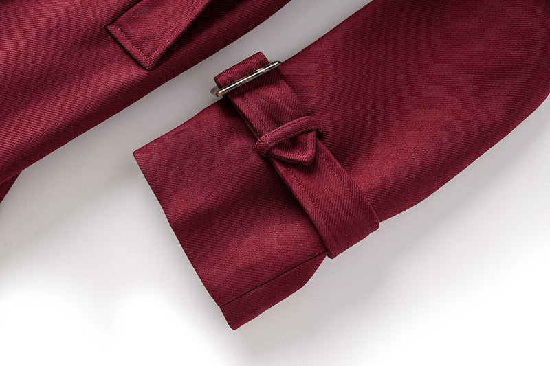 Burgundy Double-Breasted Trench Coat with Adjustable Waist Belt and Premium Wool-Blend Fabric