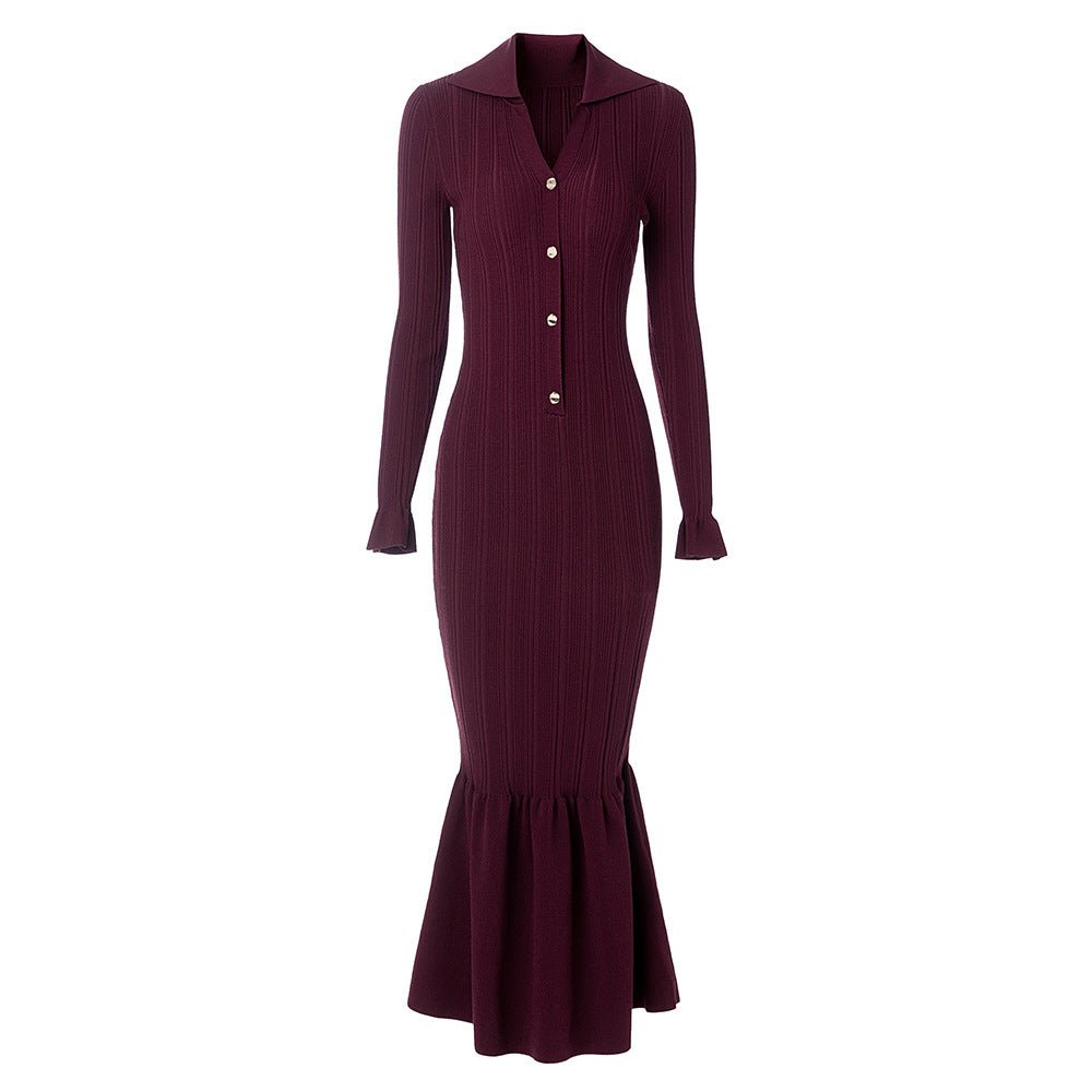 Burgundy Ribbed Knit Bodycon Dress with Flared Hem and Button Details