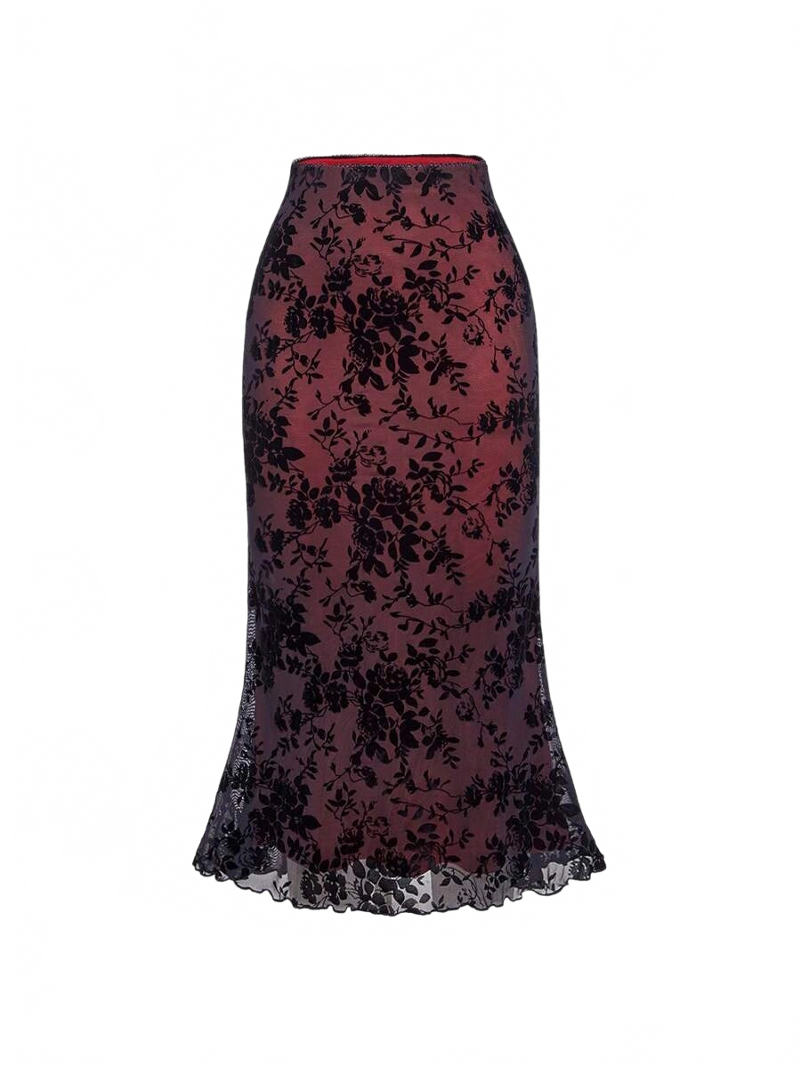 Zoe Floral Lace Red Skirt with Fitted Design