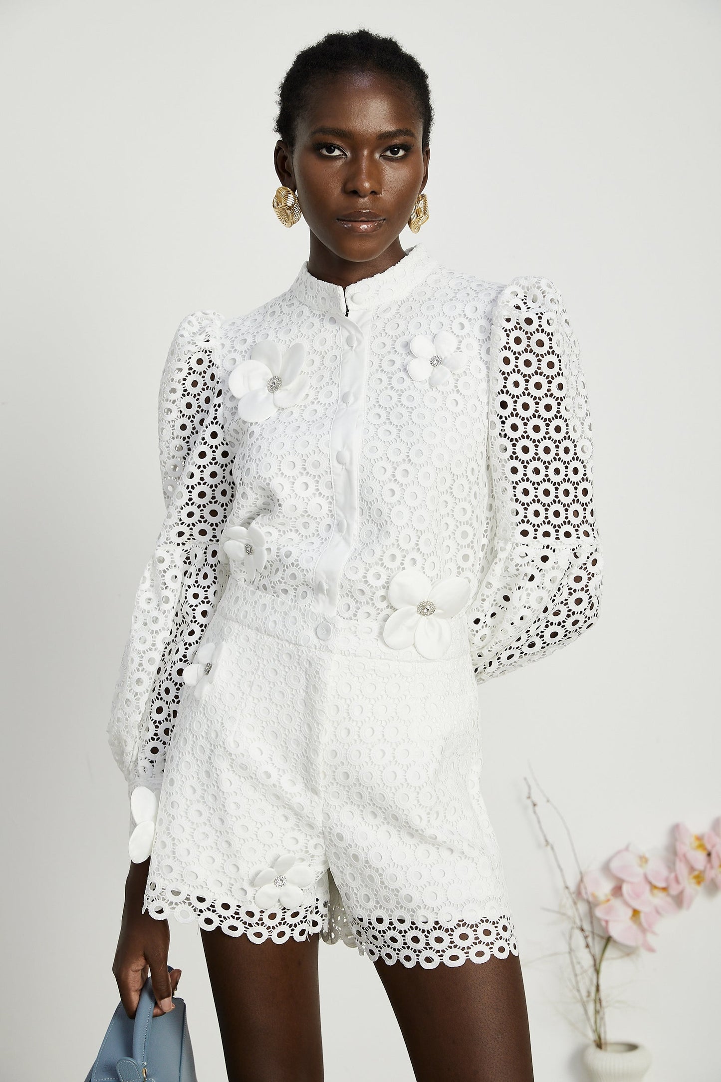 Calla fauxflower cutout blouse shorts matching set