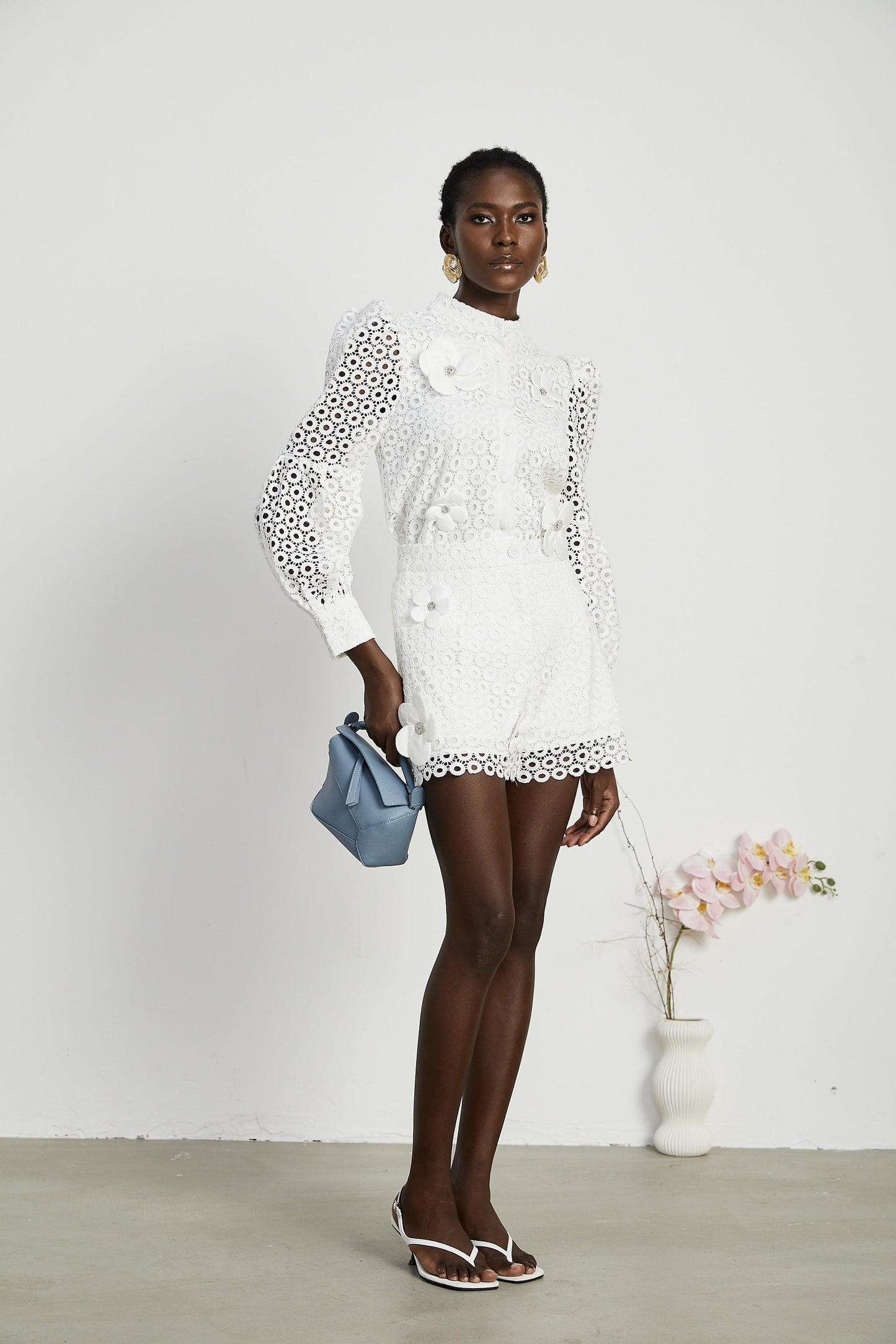 Calla fauxflower cutout blouse shorts matching set