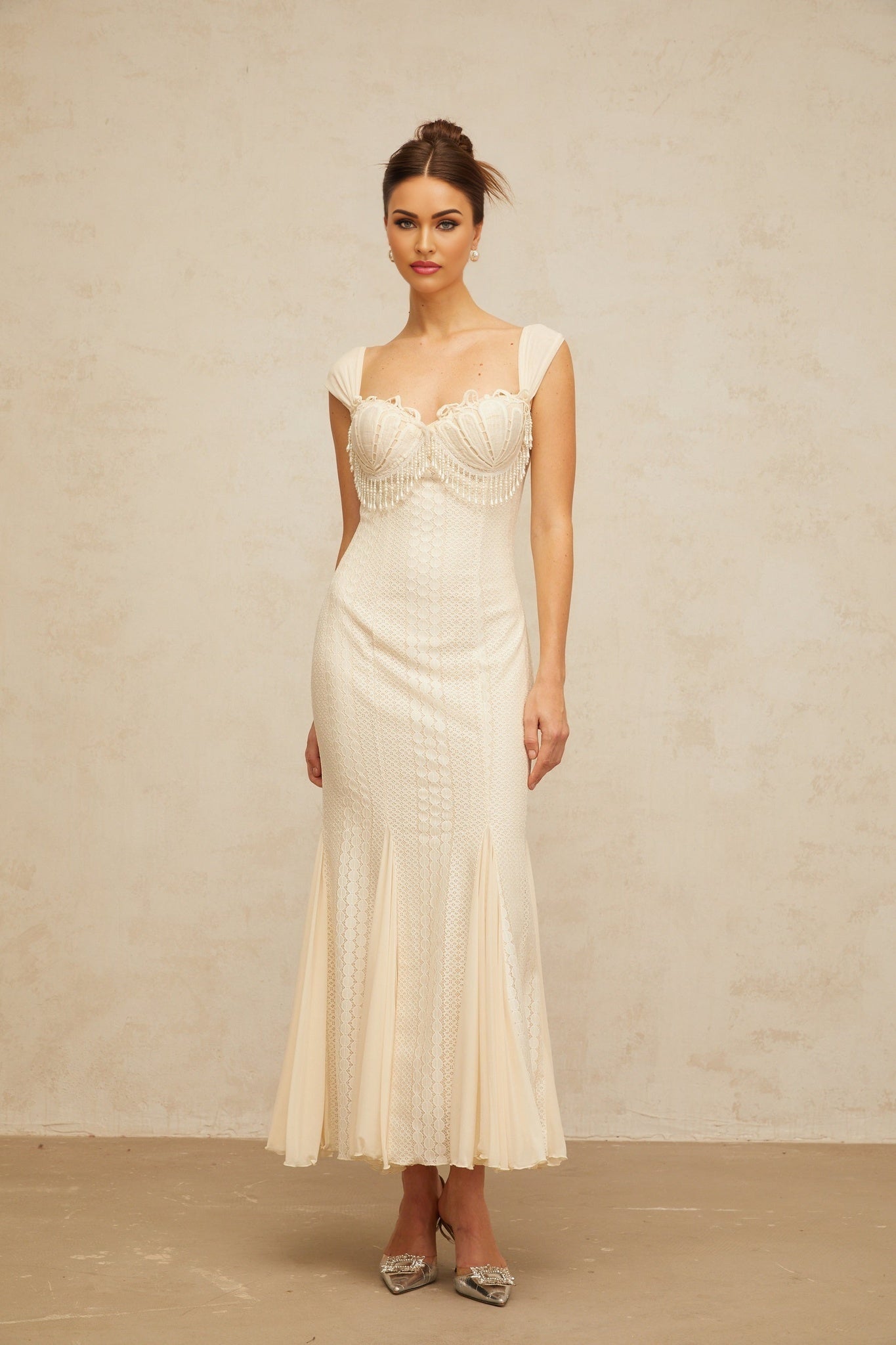 Calliopée creamwhite embellished flared maxi dress