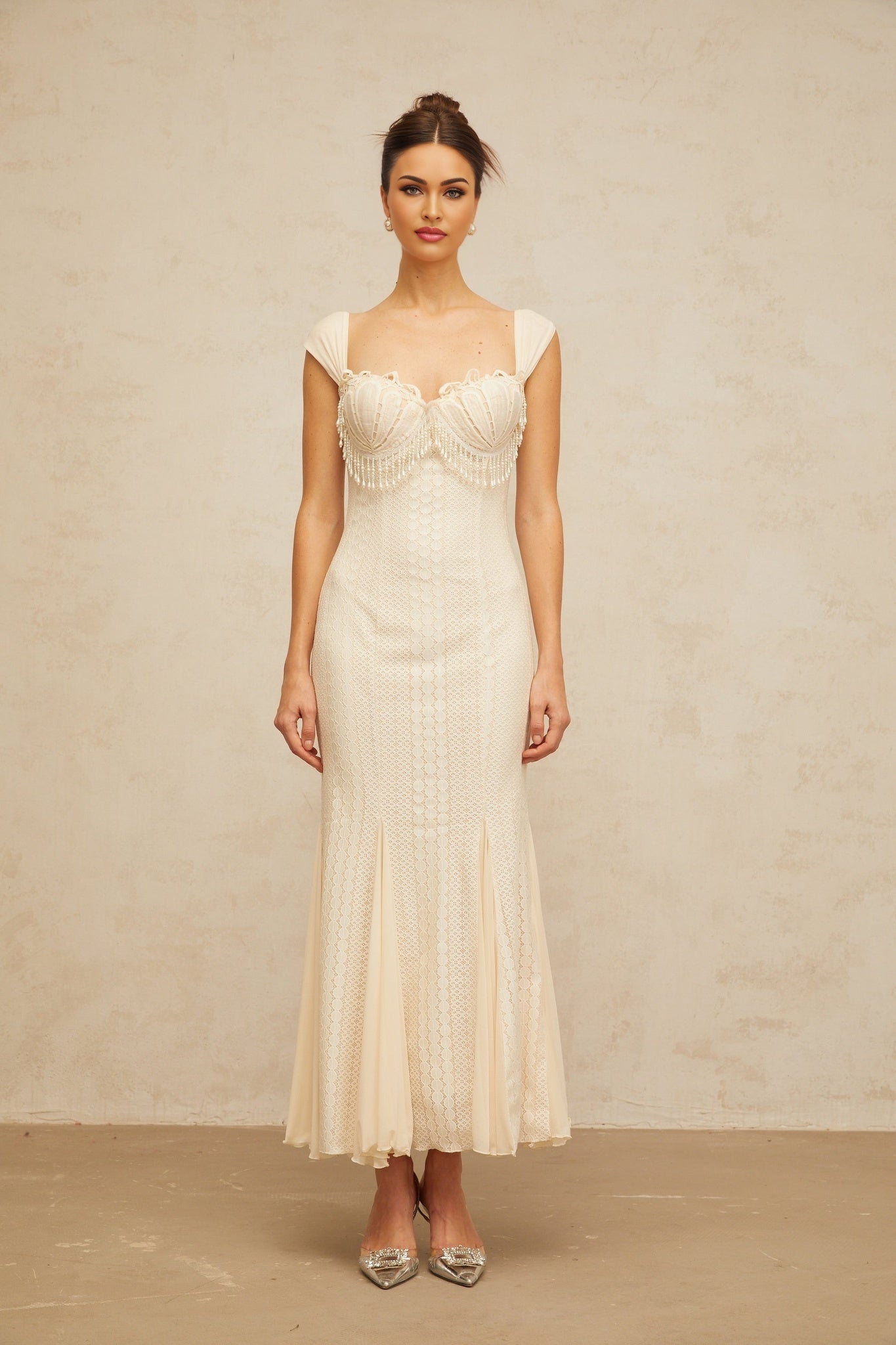 Calliopée creamwhite embellished flared maxi dress