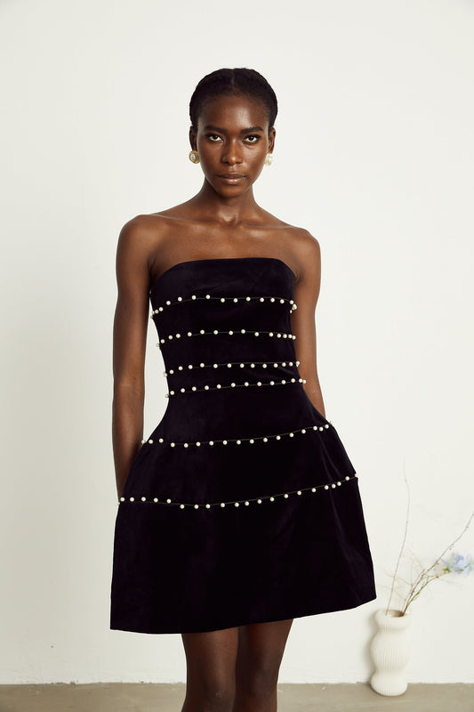 Camille black fauxpearl velvet mini dress