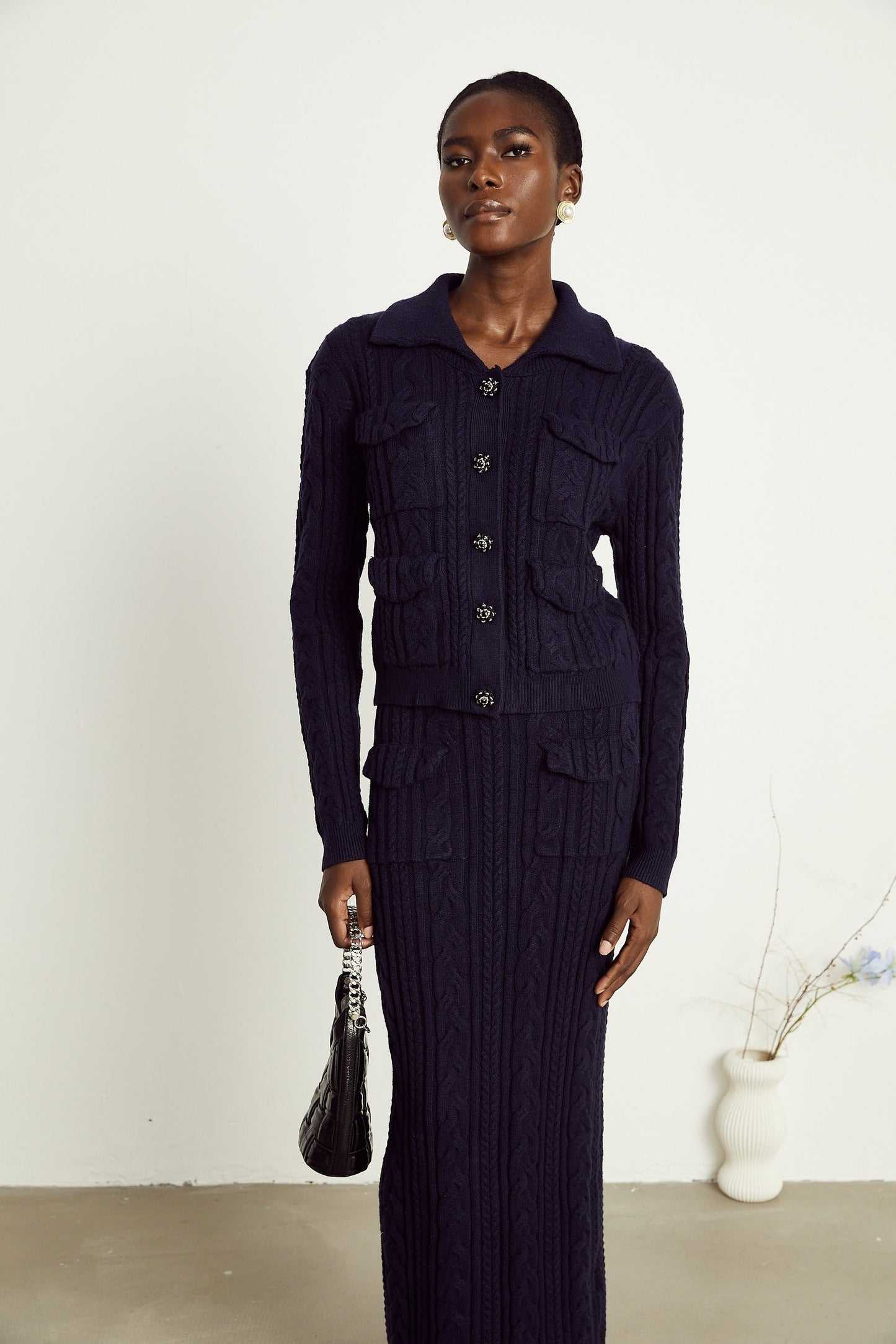 Capucine navyblue knit jacket skirt matching set