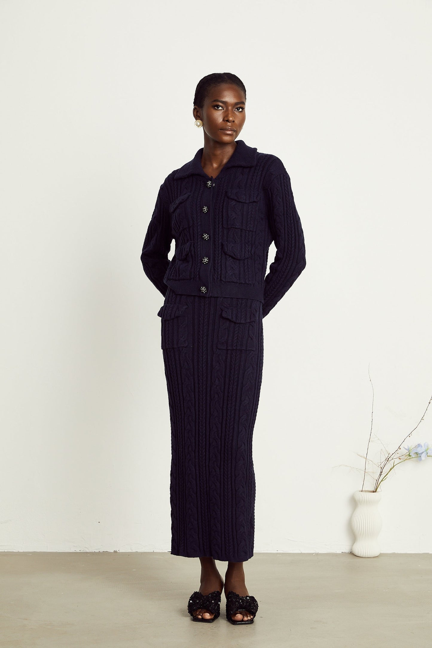 Capucine navyblue knit jacket skirt matching set