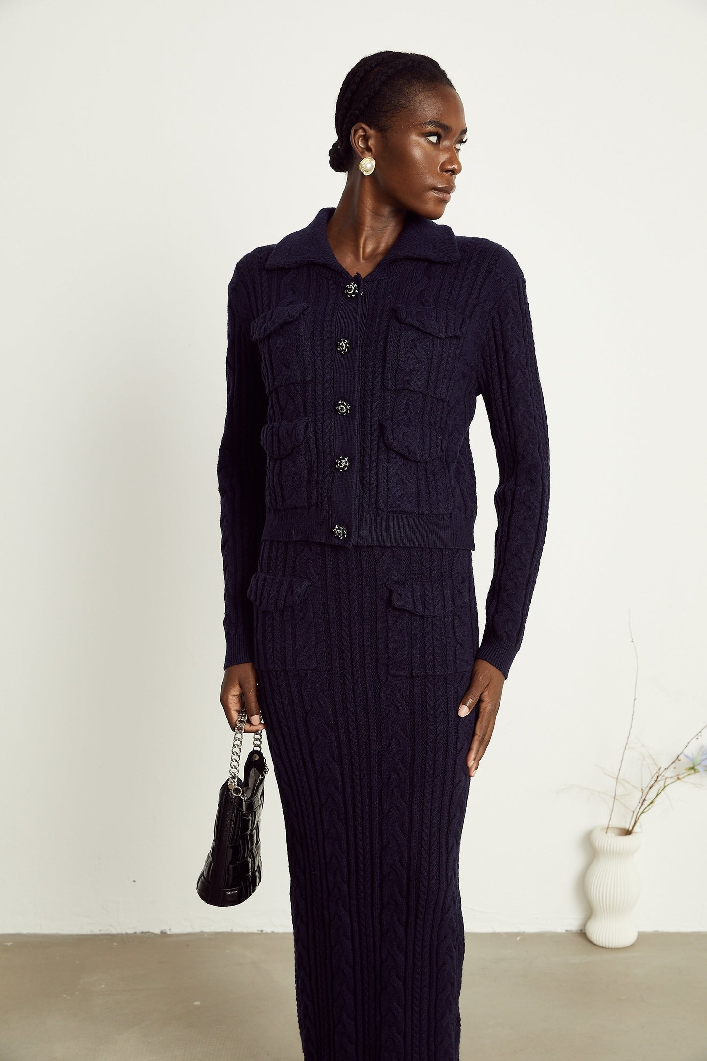 Capucine navyblue knit jacket skirt matching set