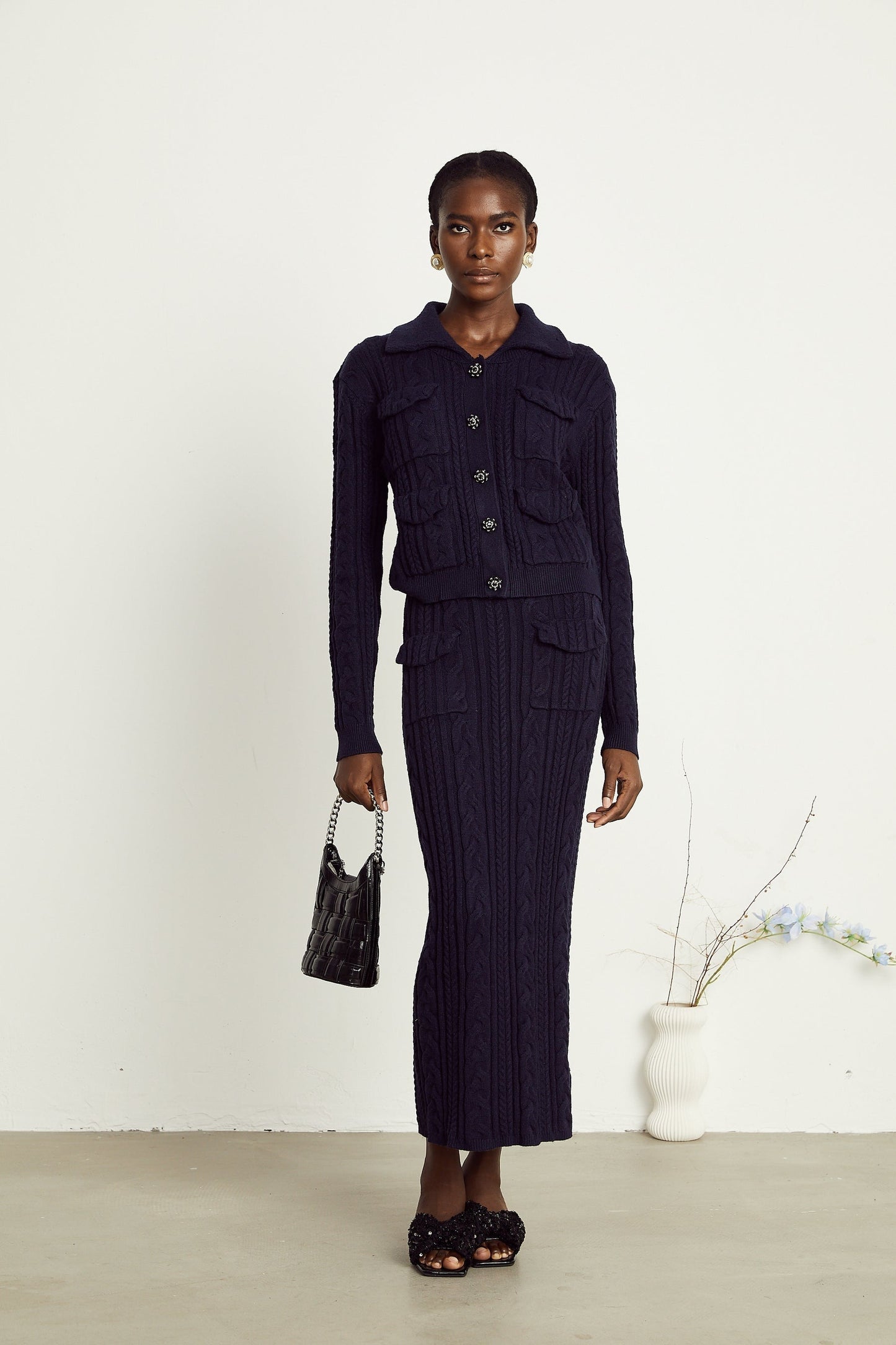 Capucine navyblue knit jacket skirt matching set