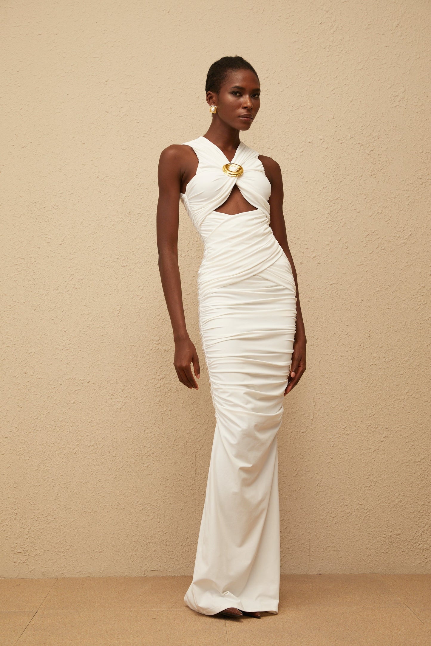 Capucine White Ruched Corset Maxi Dress