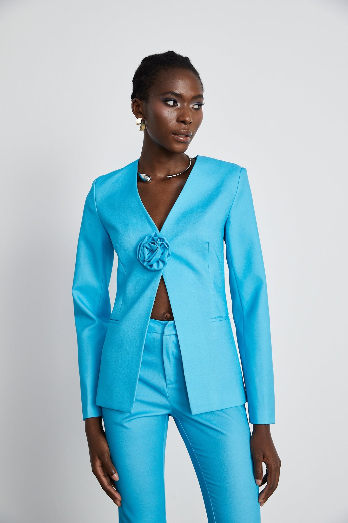 Cassandra floral satin jacket trousers matching set
