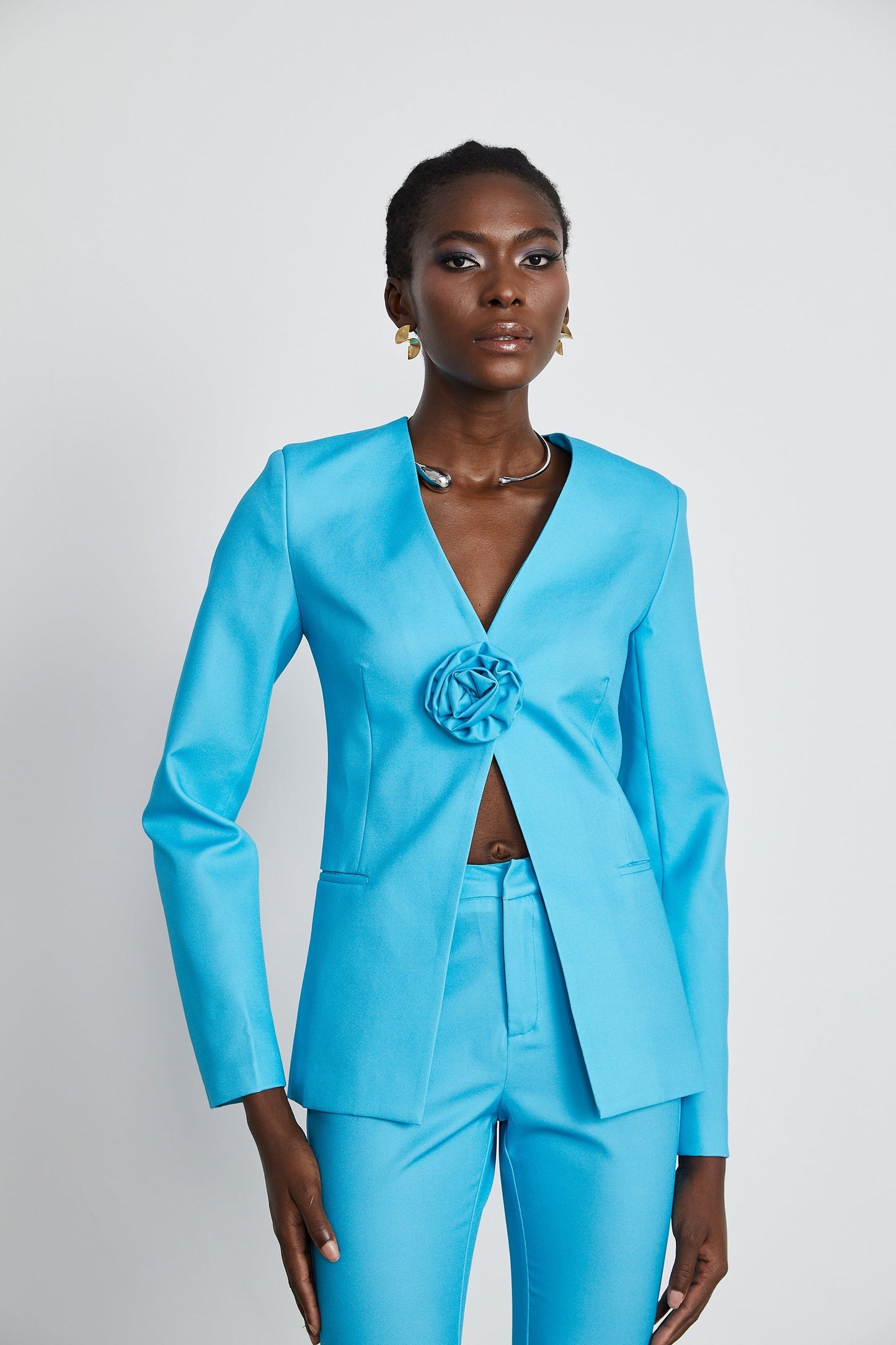 Cassandra floral satin jacket trousers matching set