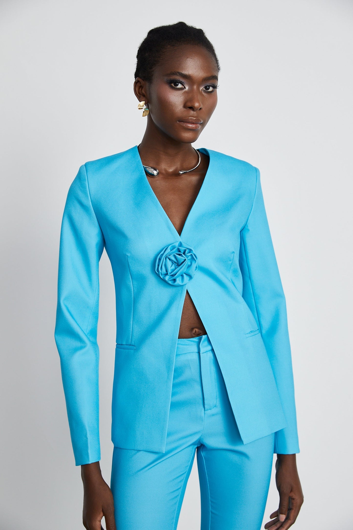 Cassandra floral satin jacket trousers matching set