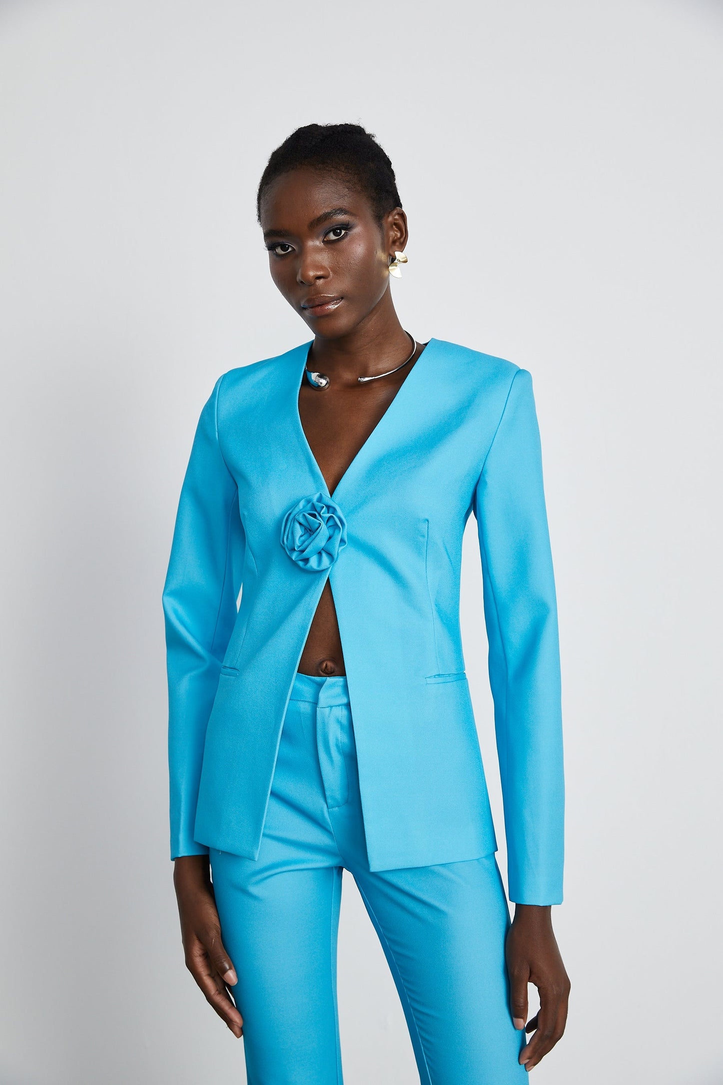 Cassandra floral satin jacket trousers matching set