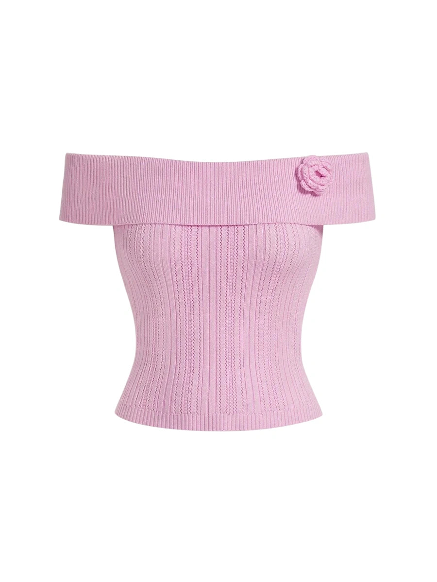 Casual Pink Off Shoulder Knitted Top With 3D Flower Embellishment