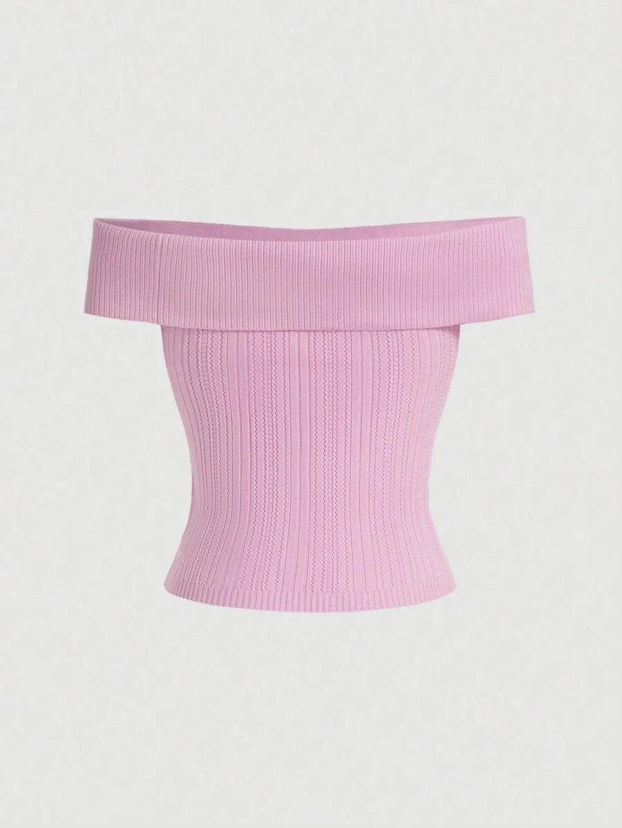 Casual Pink Off Shoulder Knitted Top With 3D Flower Embellishment