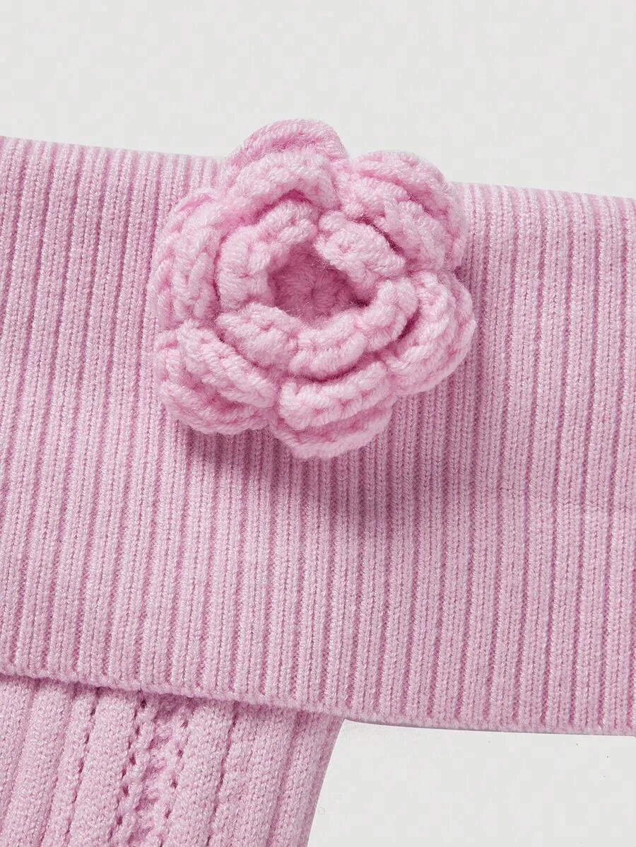 Casual Pink Off Shoulder Knitted Top With 3D Flower Embellishment