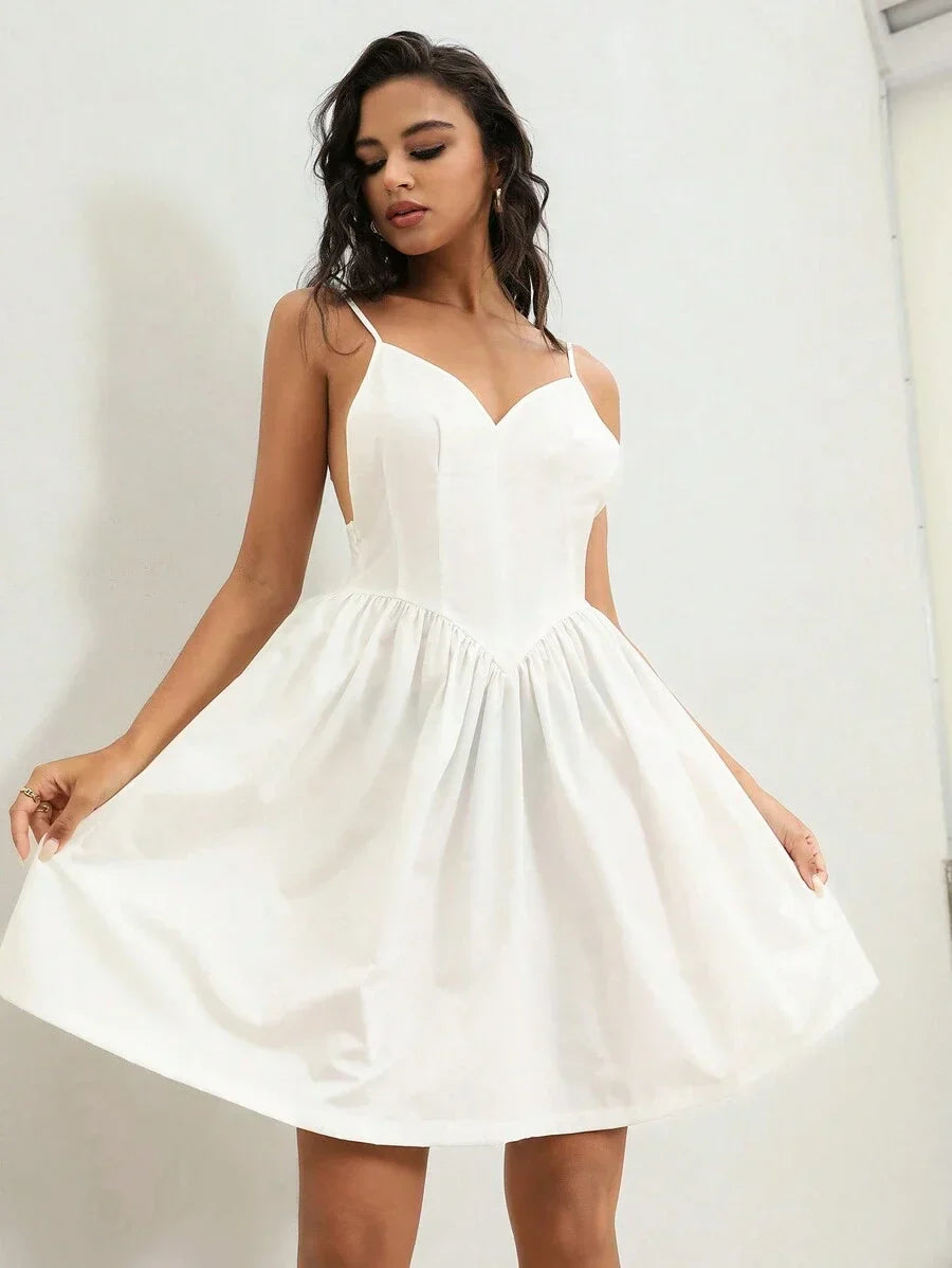 Casual Vacation Style Backless Cami Dress With Cinching Waist For Summer