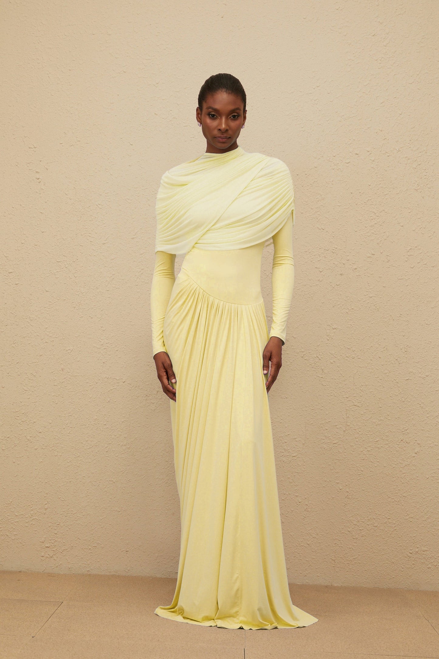Catherine Yellow Asymmetrical Pleated LongSleeve Maxi Dress