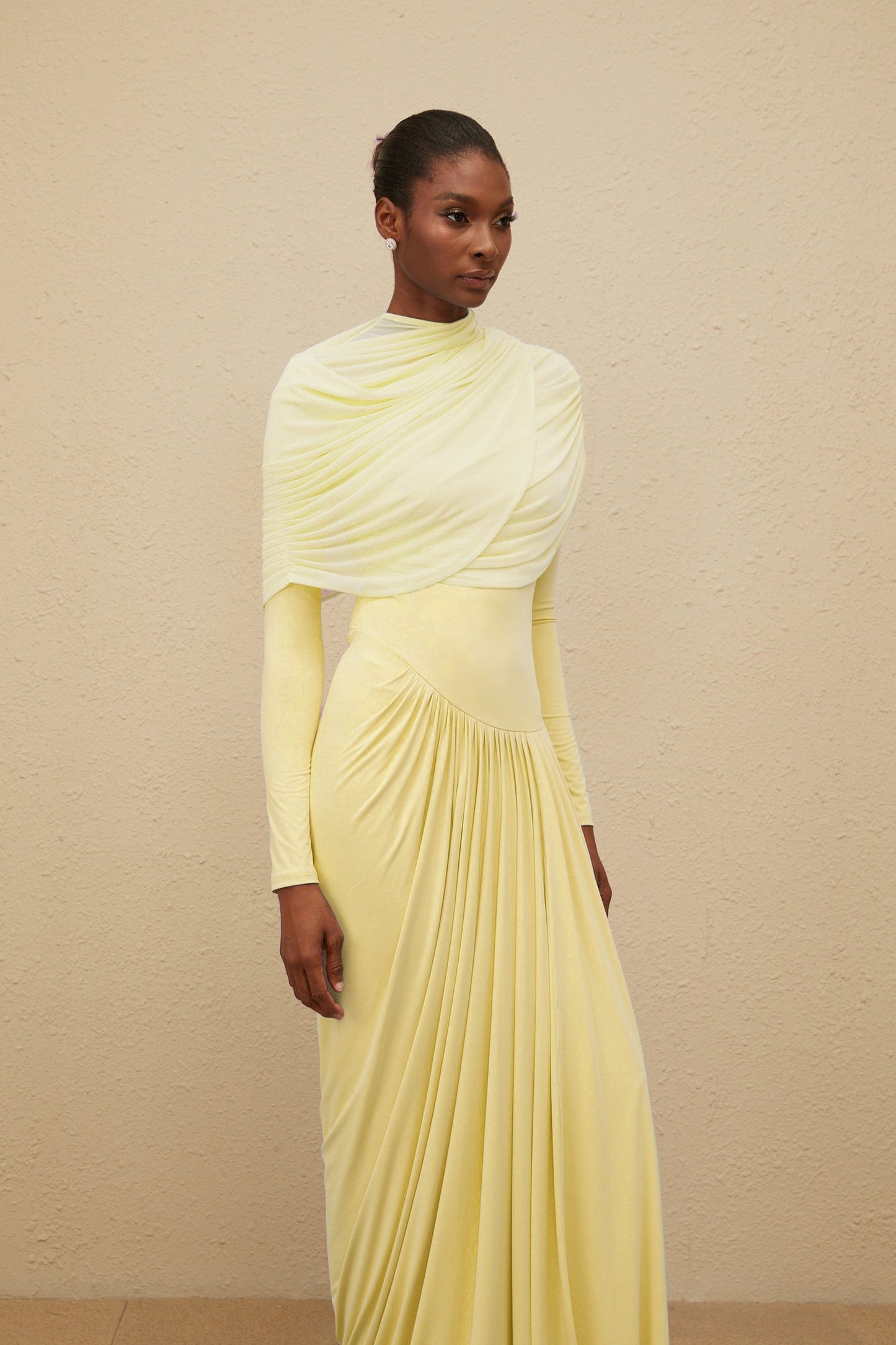 Catherine Yellow Asymmetrical Pleated LongSleeve Maxi Dress