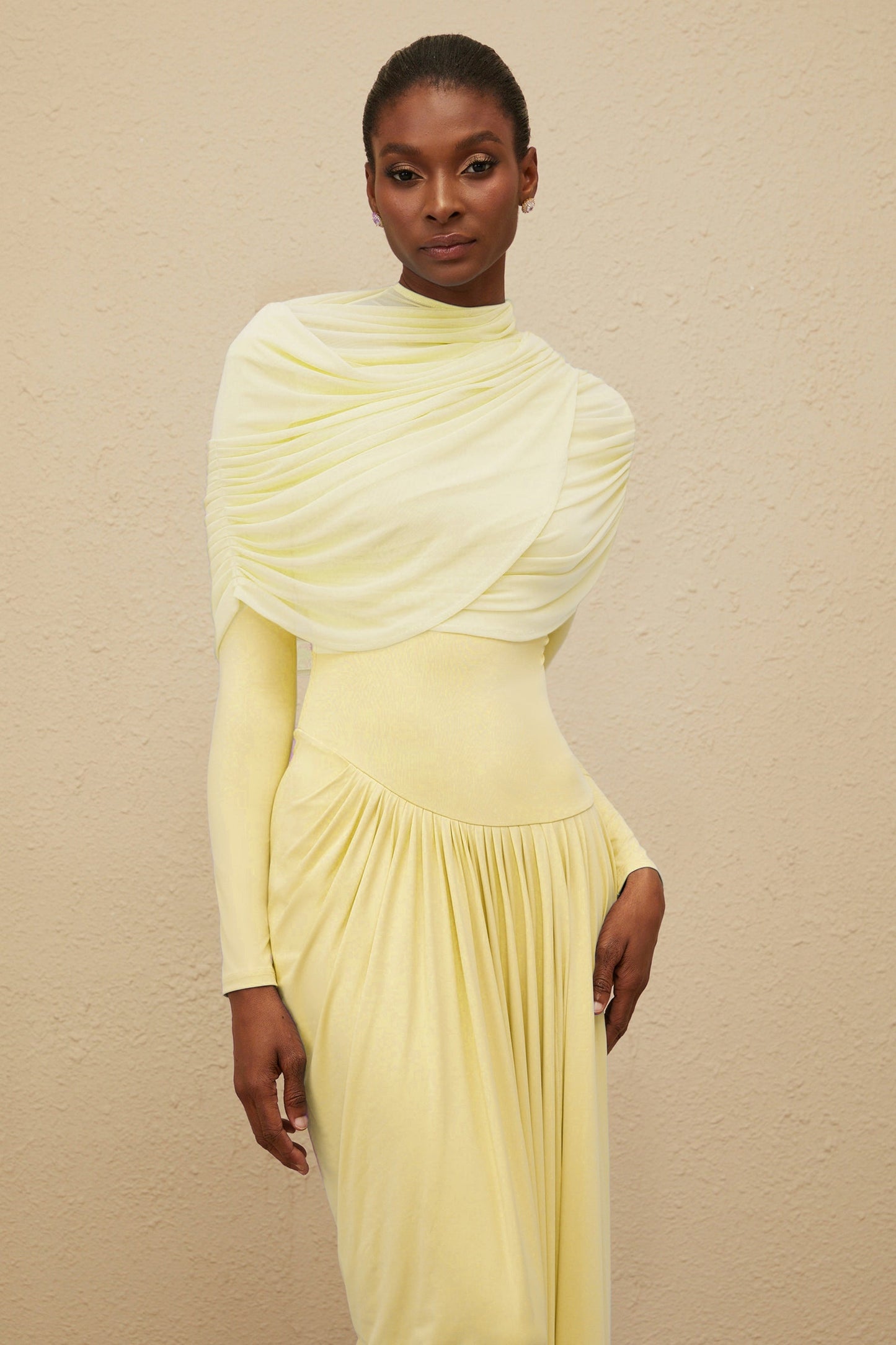 Catherine Yellow Asymmetrical Pleated LongSleeve Maxi Dress
