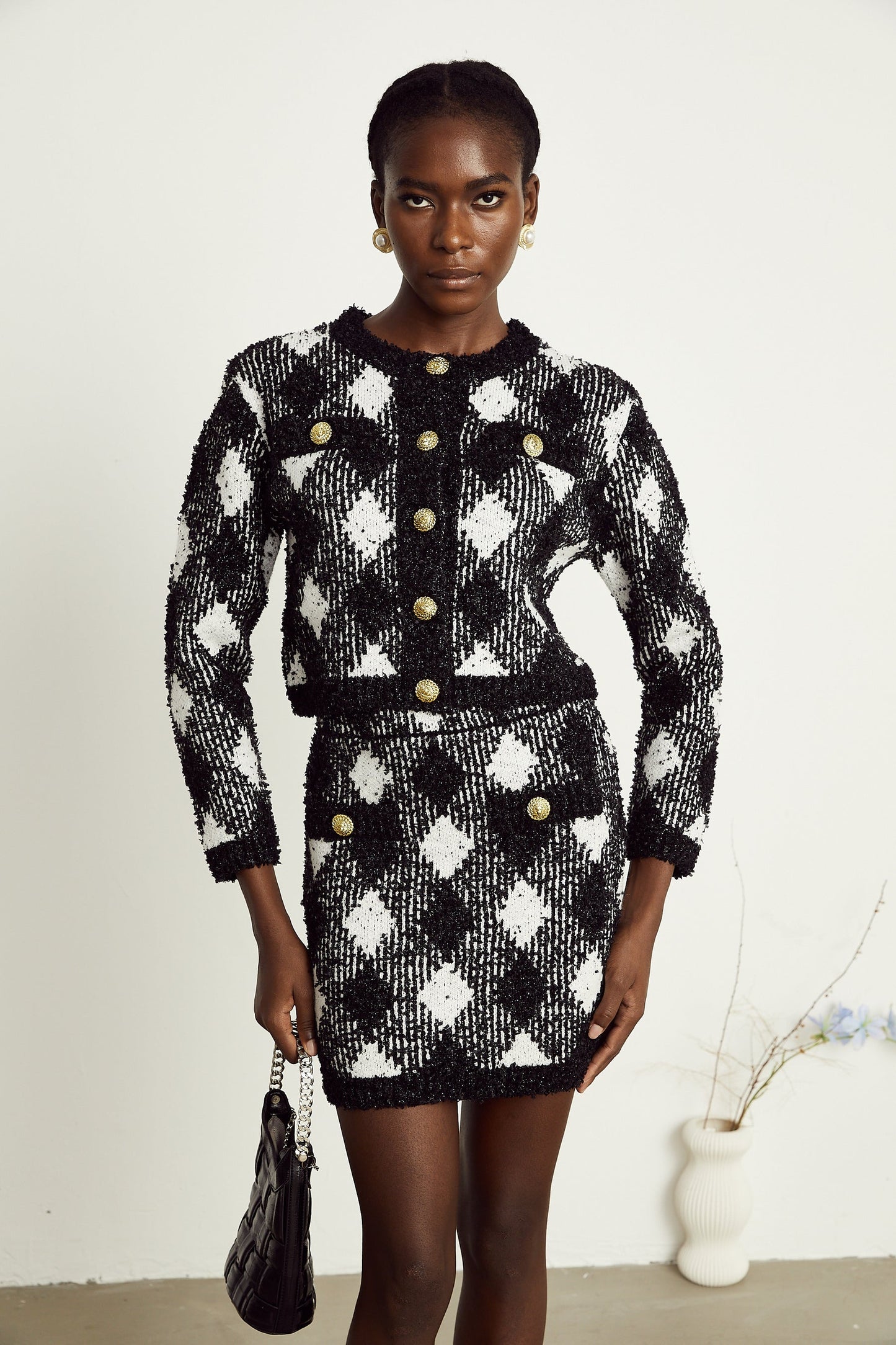 Cécile black argylecheck knit jacket skirt matching set