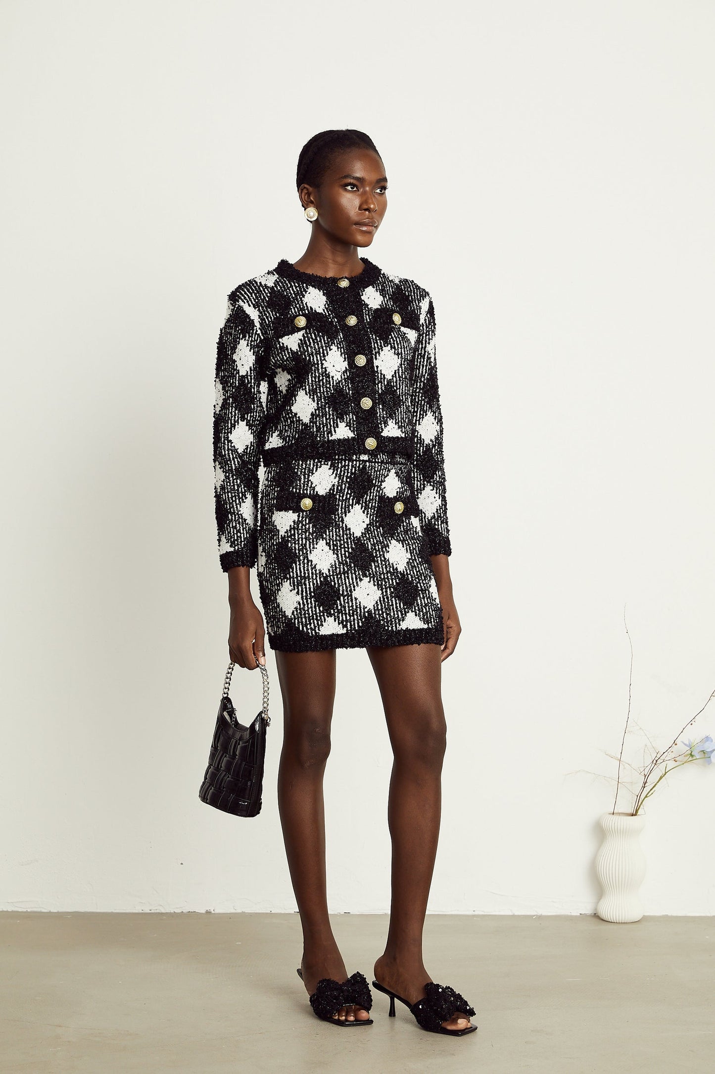 Cécile black argylecheck knit jacket skirt matching set