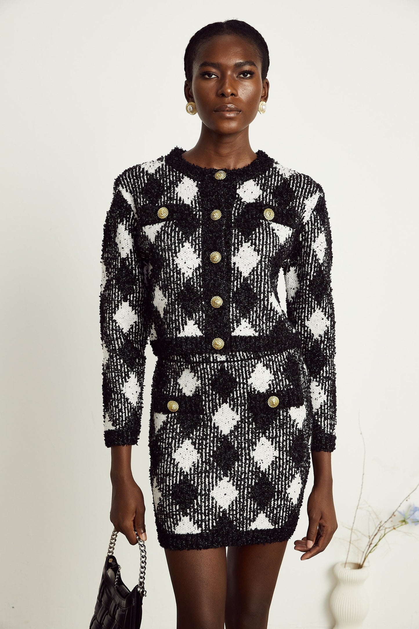 Cécile black argylecheck knit jacket skirt matching set