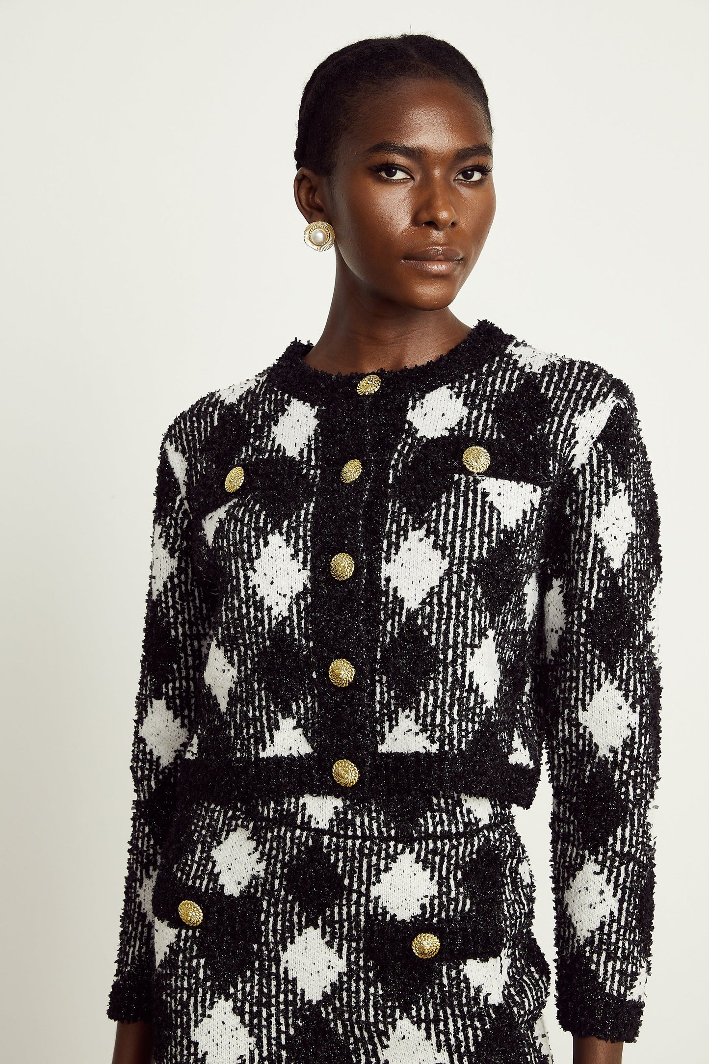 Cécile black argylecheck knit jacket skirt matching set