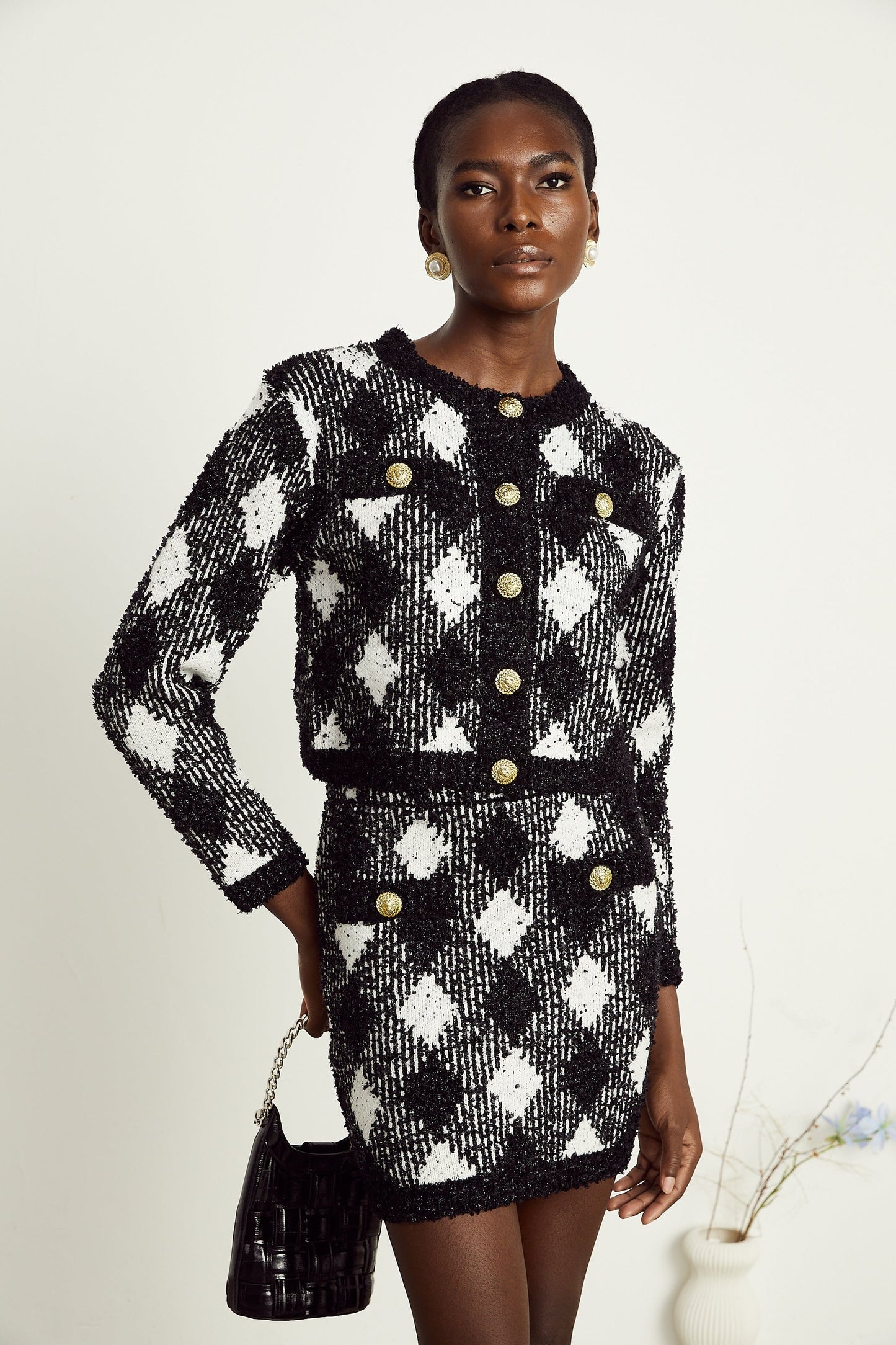 Cécile black argylecheck knit jacket skirt matching set