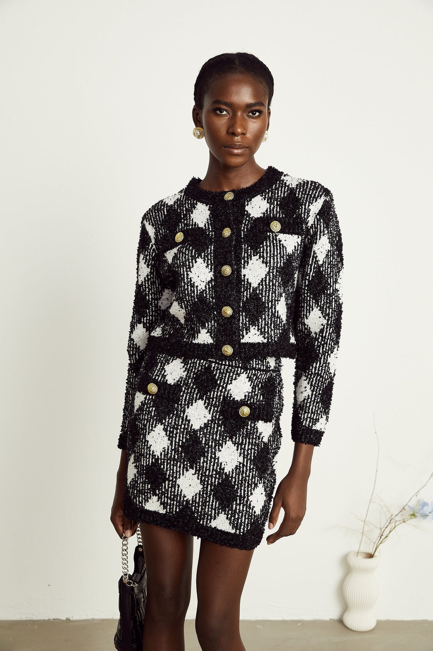 Cécile black argylecheck knit jacket skirt matching set
