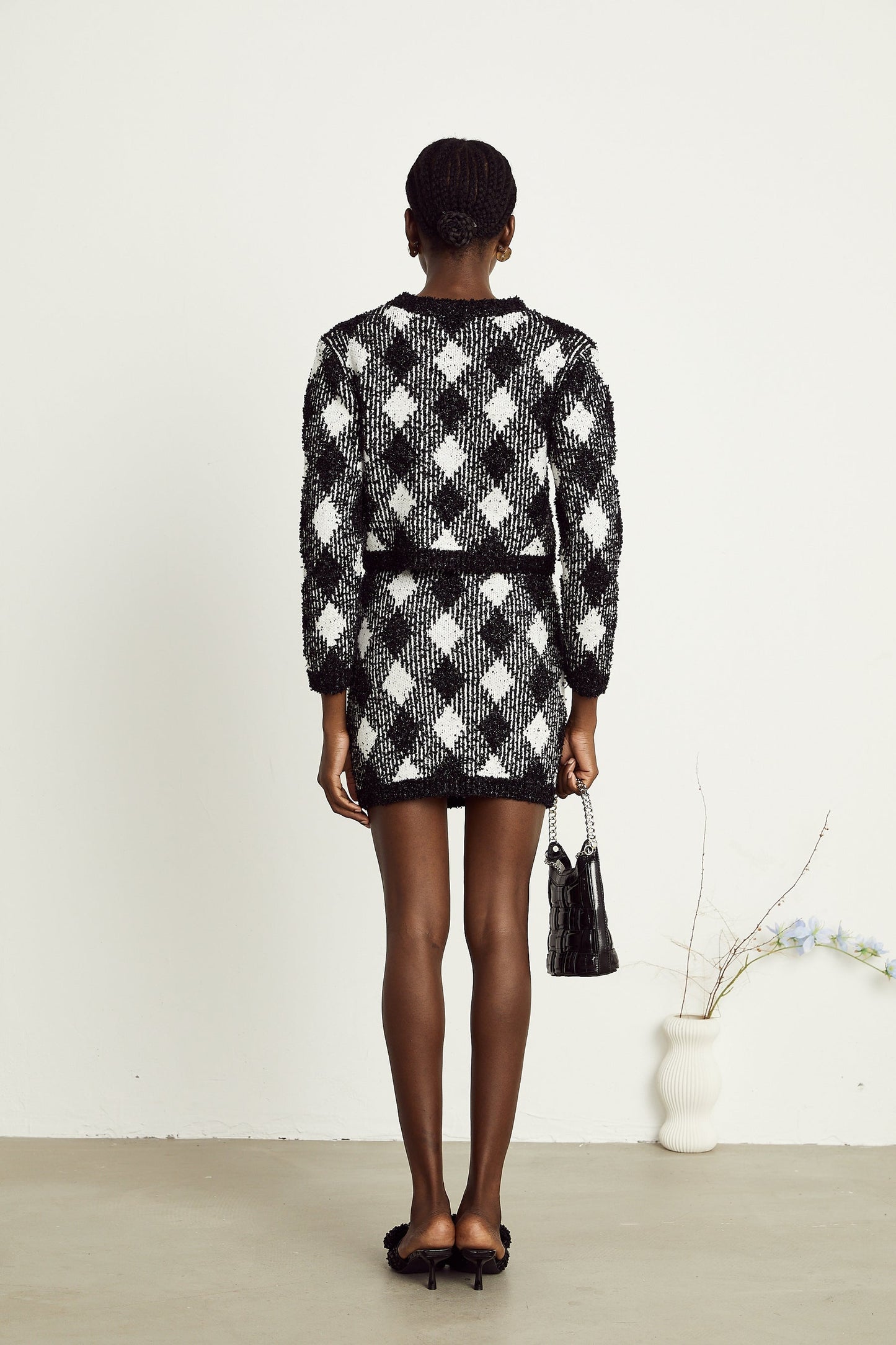 Cécile black argylecheck knit jacket skirt matching set