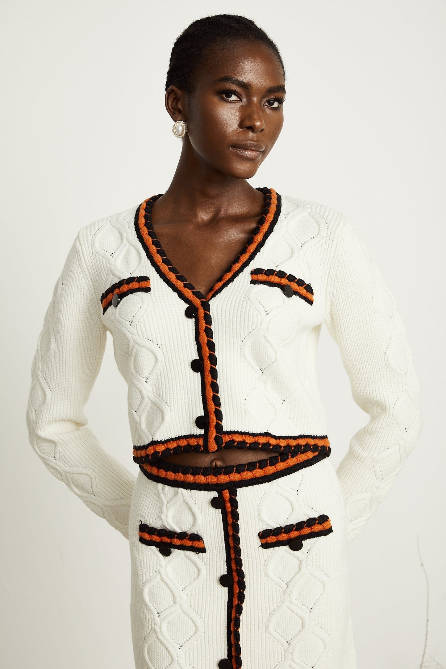 Cécilie contrasttrim knitted cardigan skirt matching set