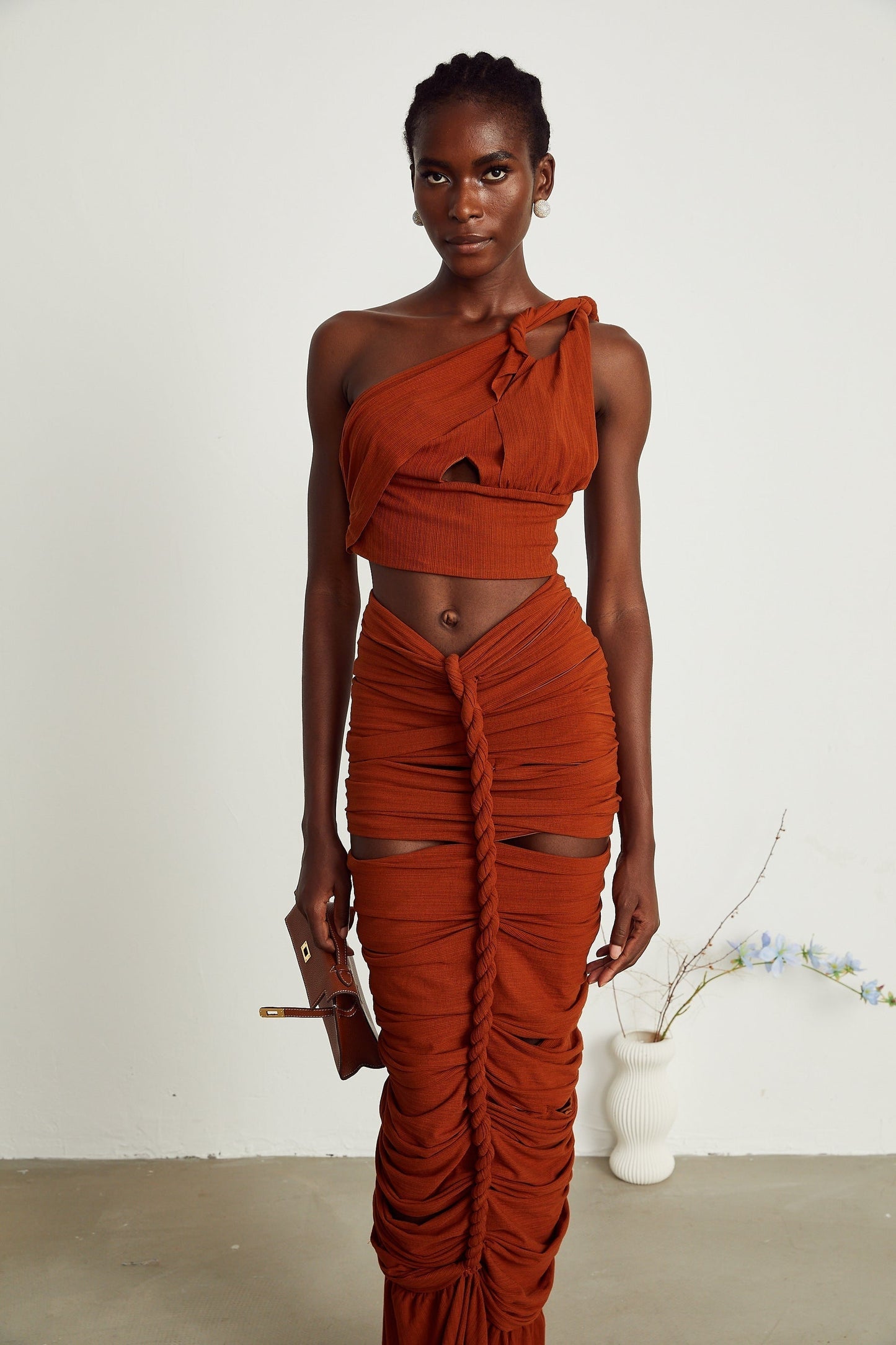 Célestine brown twisted cutout top skirt matching set