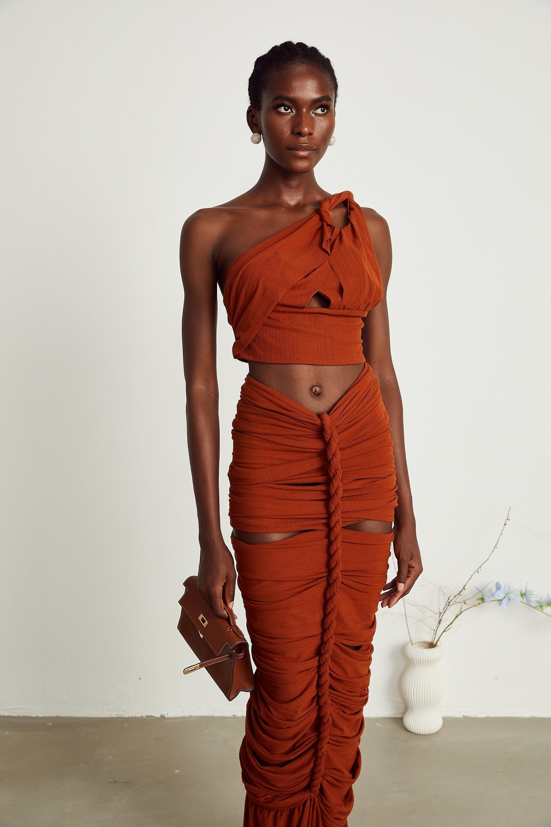 Célestine brown twisted cutout top  skirt matching set