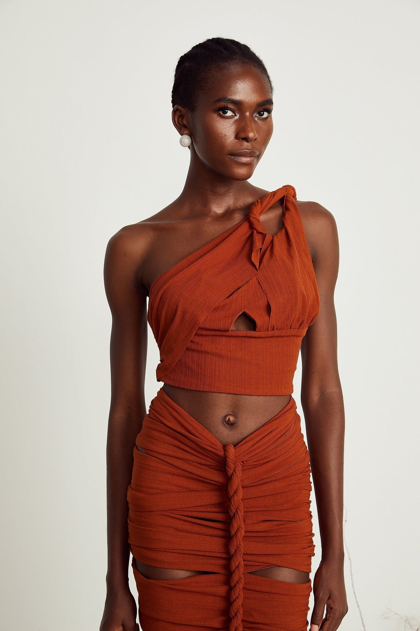 Célestine brown twisted cutout top skirt matching set