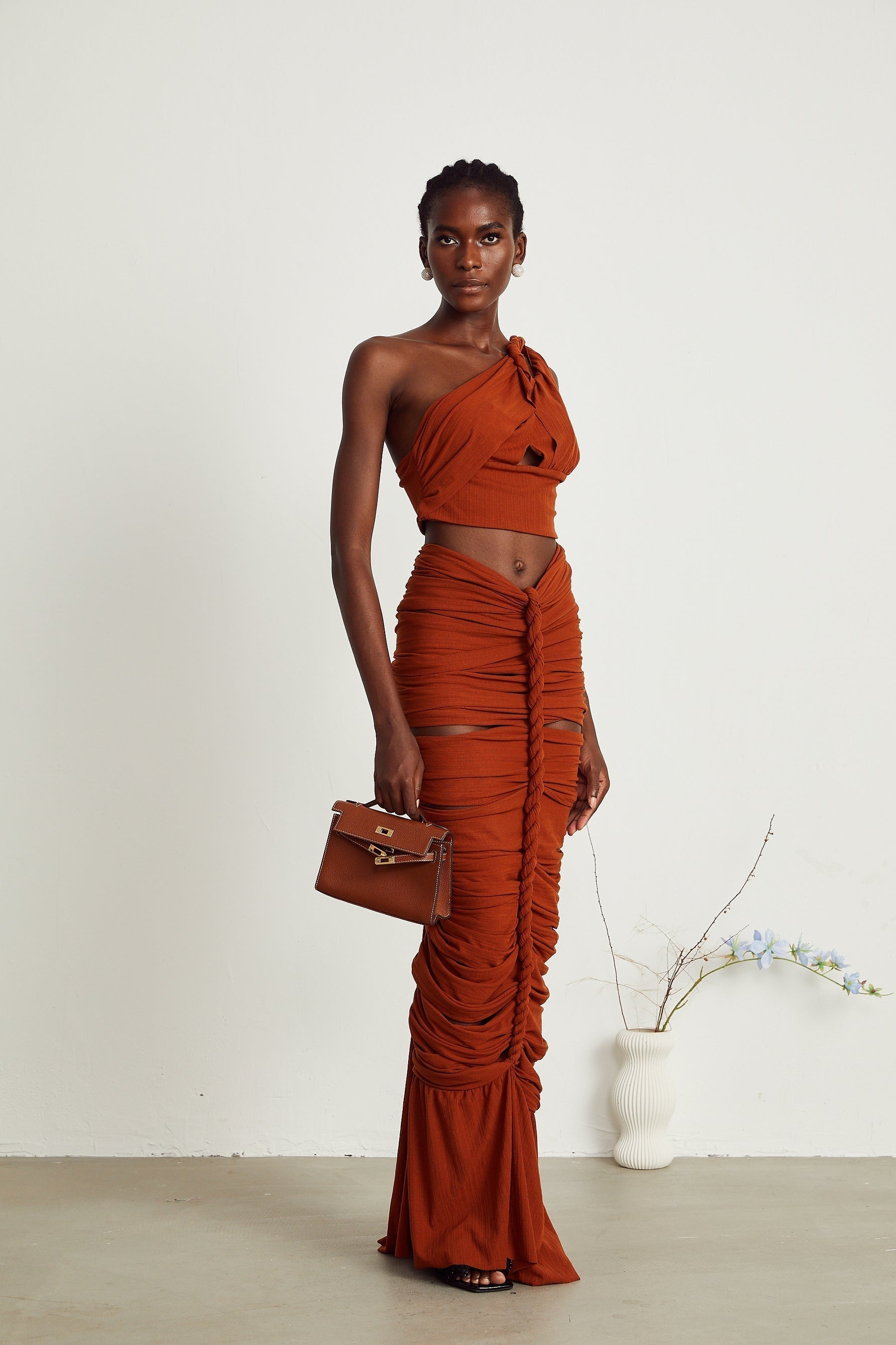 Célestine brown twisted cutout top  skirt matching set