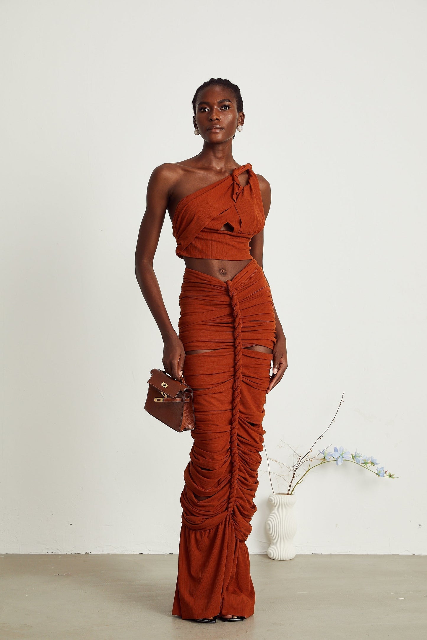 Célestine brown twisted cutout top skirt matching set