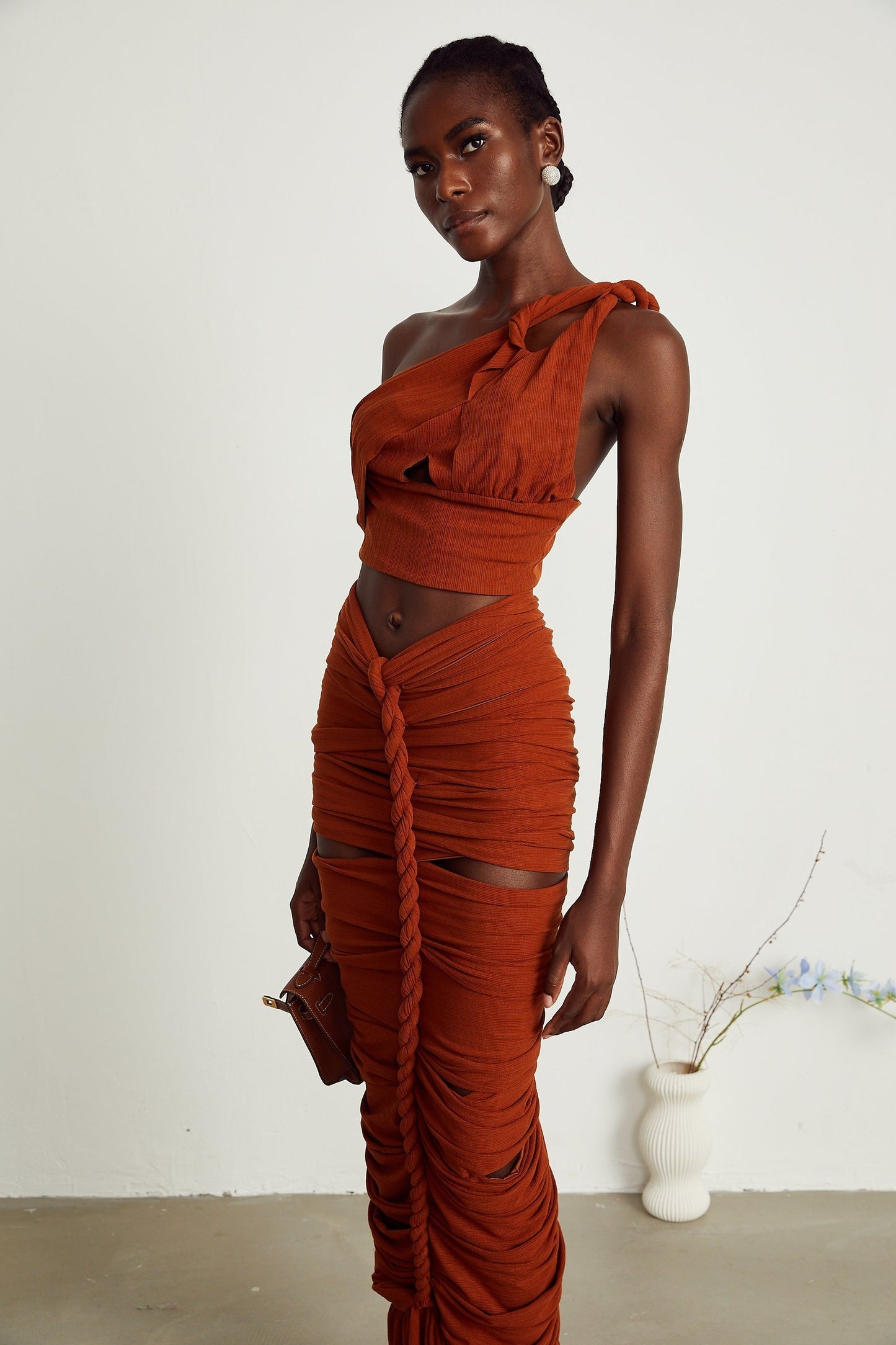Célestine brown twisted cutout top skirt matching set